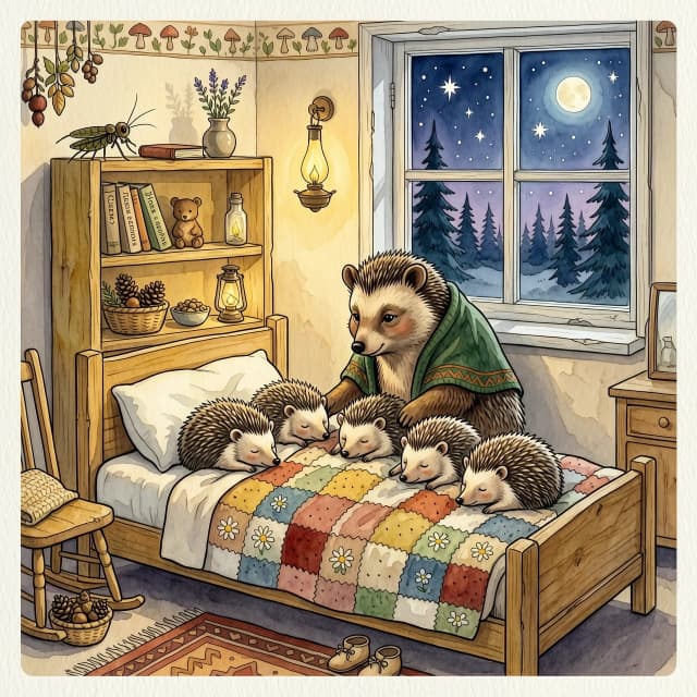 Иллюстрация к русской детской книге, техника многослойной акварели на фактурной бумаге яичная скорлупа. На переднем плане в уютной кроватке, укрытый лоскутным одеялом, спят пять маленьких барсучат. Рядом сидит большая барсучиха. На полке сидит сверчок. За окошком виден лес и звезды.  Сказочный ночной покой, дух советских диафильмов, работы Виктора Чижикова, детальная проработка теней, 4K.