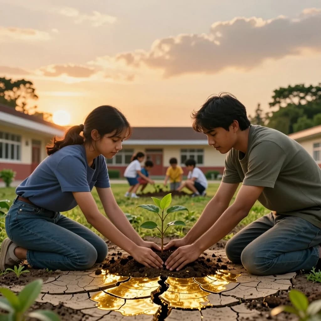 Cinematic photorealistic wide shot of two people kneeling in a peaceful garden at golden hour, planting a young tree together. The ground around them is cracked from a past storm, but the cracks are filled with glowing liquid gold (kintsugi style), and tiny green shoots are growing from them. One person gently places the sapling into the soil while the other supports it, their hands almost touching. Their faces show calm, respect, and quiet understanding after a difficult conversation. In the blurred background, a school building with children playing is visible, symbolizing learning conflict resolution from a young age. The upper part of the image is a vast, empty, soft sunset sky with gentle clouds, perfect for adding event text. Warm amber and green tones, emotional, hopeful, philosophical, shallow depth of field, 8k, 4:5 aspect ratio.