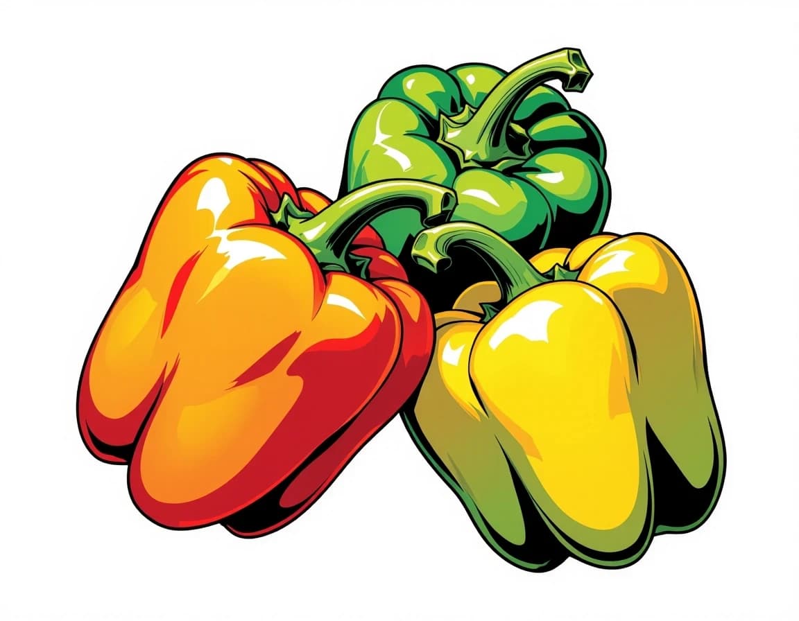 A masterpiece,  A high-quality, professional vector-style illustration of three whole bell peppers—one yellow, one bright green, and one vibrant red—arranged in a cluster against a clean white background. The art style features bold, clean black outlines with classic cross-hatching and stippled shading techniques that evoke a vintage culinary engraving or a sophisticated comic-book aesthetic. Each pepper is rendered with smooth, saturated color gradients, featuring prominent white highlights to suggest a glossy, fresh skin texture. The composition is balanced and illustrative, emphasizing the organic curves and segmented lobes of the vegetables, with stems depicted in a lighter, realistic green hue. The overall mood is bright, cheerful, and appetizing, characterized by a flat, modern design sensibility mixed with traditional manual drafting techniques, perfect for food-related branding or editorial graphics.. celshading, simple background