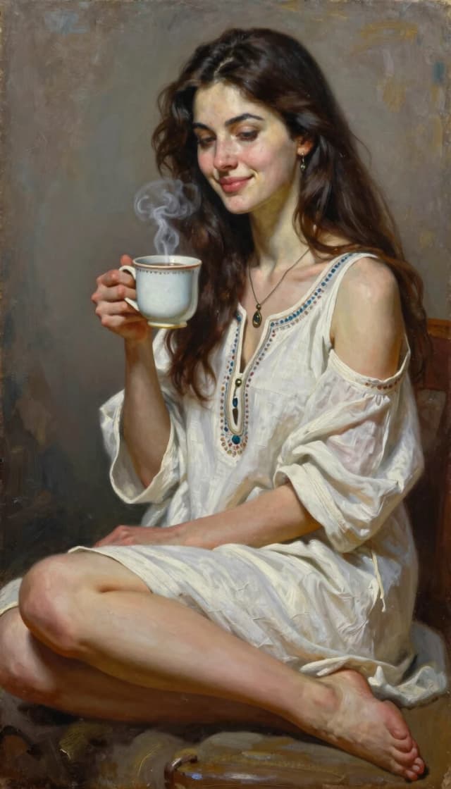 Oil painting, hyperrealism,full-length portrait, close-up, burning brunette beauty, modest smile,sitting with long hair, white linen tunic with ornaments, open shoulders, jewelry, full height, legs pumped, gently, holding a ceramic mug with steaming tea,face and figure detailing, high resolution 8K, style Alexander Maranov, Lee Bogle, David Downton Nikos Safronov.