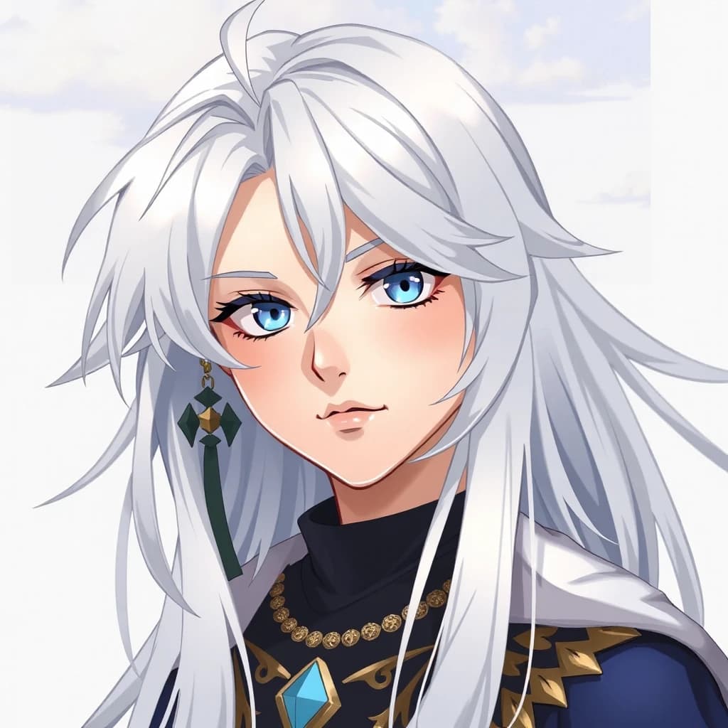 A 14-year-old boy with long, flowing white hair and blue eyes. He is serious and dressed in a fantasy costume. Illustration. Attention to detail.