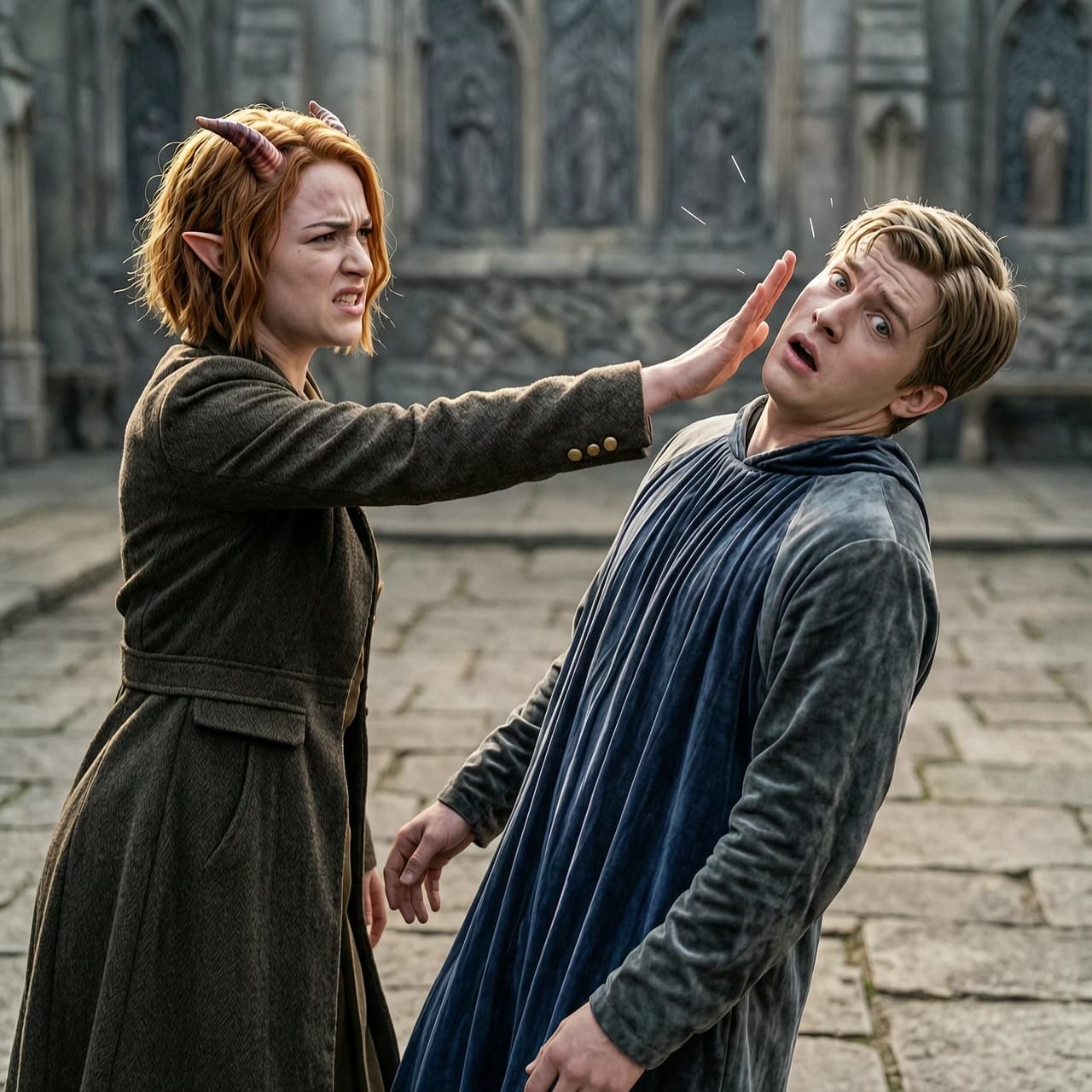 A dynamic cinematic shot capturing a sudden outburst. A beautiful tiefling girl (Agnes)  - тифлинг с короткими рожками. has just slapped the young angel (Aringil) - ангел в балахоне  across the face; her hand is still in the air, and her face is twisted in a mixture of indignation and flustered emotion. Aringil is thrown back by the impact, his head tilted to the side, his expression one of complete bewilderment and shock. He is still half-reaching for her leg, looking totally lost. The composition is energetic and sharp. High contrast lighting, detailed facial expressions showing the transition from tenderness to anger. Hyper-realistic textures of skin and hair, 8k resolution, masterpiece.
