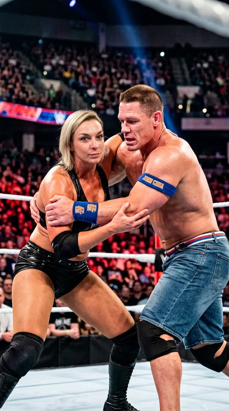 Cinematic hyper-realistic action shot, wide angle, professional wrestling match in a crowded arena. A woman in professional wrestling gear is engaged in an intense grappling struggle with John Cena inside a brightly lit wrestling ring. The woman's face remains exactly as provided, maintaining her precise facial features, skin tone, and proportions. John Cena is depicted with accurate body scaling, muscular physique, and realistic skin texture. High-tension combat pose, sweat glistening on skin under intense arena spotlights, motion blur in the background crowd to emphasize action. Shot on 35mm lens, f/2.8, sharp focus on the fighters, dramatic volumetric lighting, cinematic color grading, raw photography style, 8k resolution, highly detailed textures of the ring canvas and wrestling attire, no artificial blending, authentic sports broadcast aesthetic.