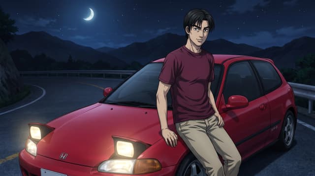 Initial D (Аниме), Синго Сёдзи (парень в бордовой футболке и в бежевых штанах, средние черные волосы, уверенный взгляд) стоит радом с красной Honda Civic SiR-II (EG6), стоит на горной дороге, горящие фары, на фоне японских гор, ночь с луной, шедевр, крупный план, стиль аниме с реалистичными деталями