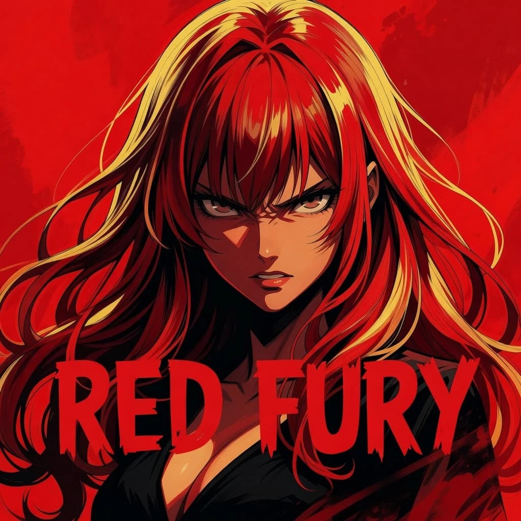 anime girl with long red hair and yellow hair with a red background, inspired by Lujo Bezeredi, ((red)), furia roja text, she has black hair with bangs
