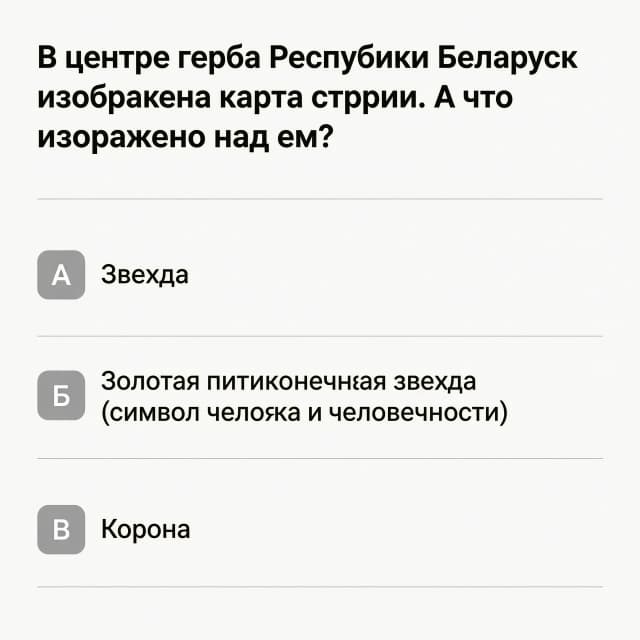 В центре герба Республики Беларусь изображена карта страны. А что изображено над ней?»

· А) Звезда
· Б) Золотая пятиконечная звезда (символ человека и человечности)
· В) Корона

Надо просто фон подходящий по тексту без подсказки без ничего просто вопрос и варианты ответов
