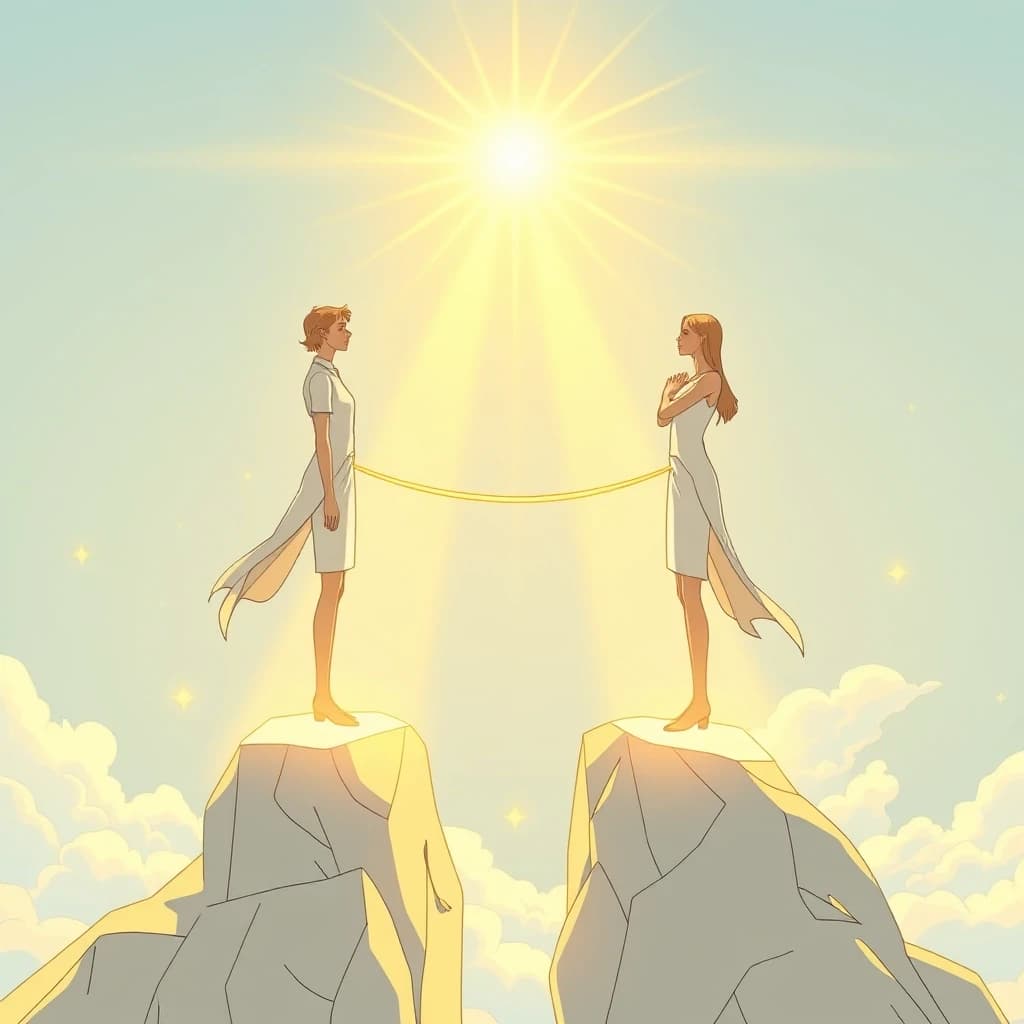 Two figures stand on separate pillars of light, connected by a bridge of energy. Neither leans on the other. Both are whole. The background is a vast open sky. Style: romantic comic art, gold, soft blue, white, balance, harmonious composition.