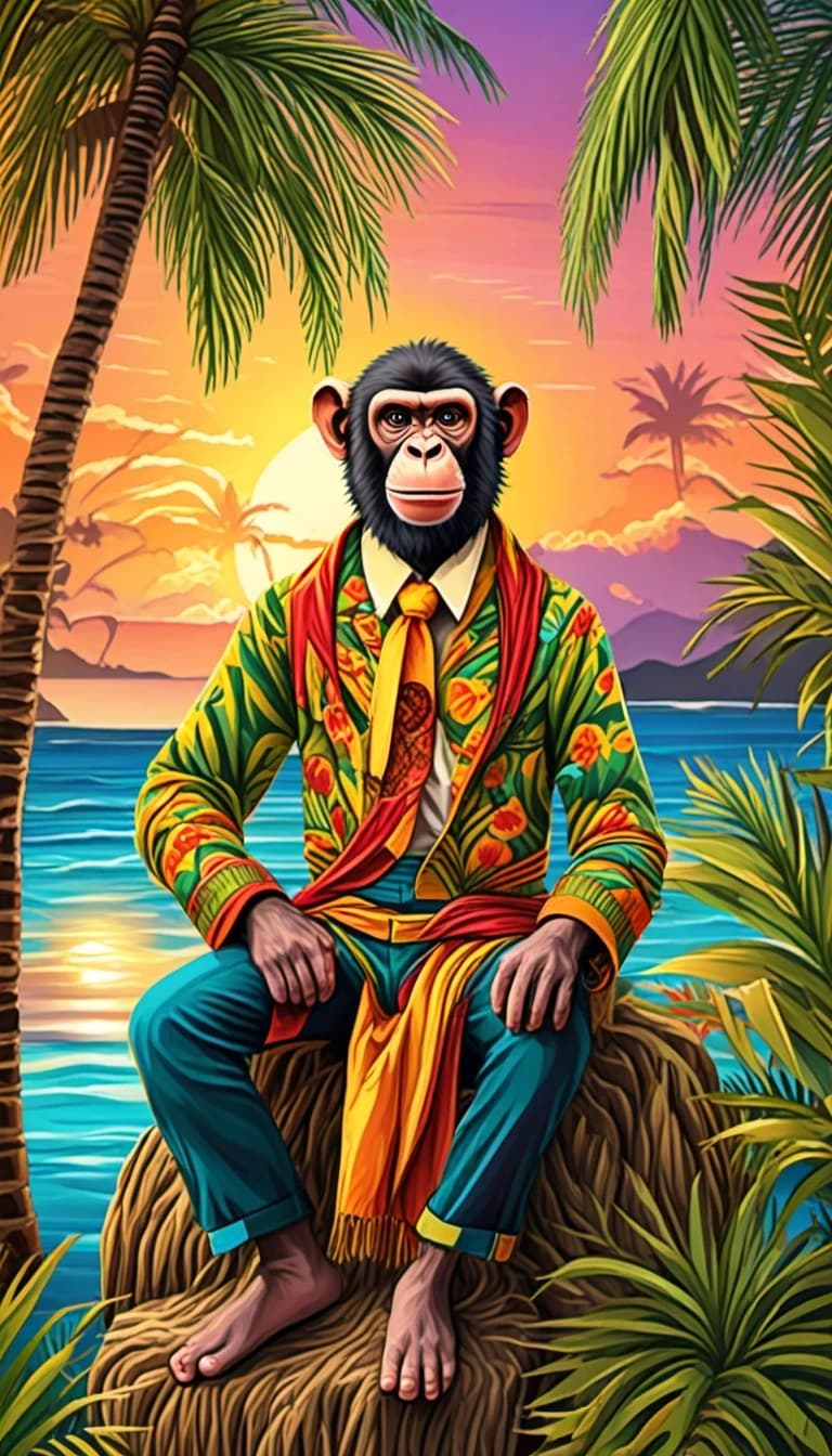 A comical picture. A monkey dressed in clothes is sitting in the palm tree leaves with a banana in its hand, surrounded by a colorful sunset on the ocean coast