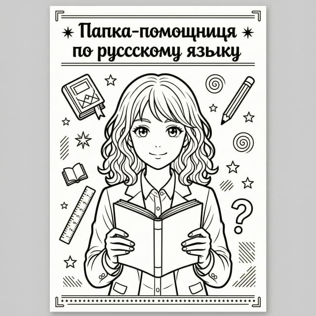 A4 folder cover, anime style, black and white line art, coloring page,
outline only, no color fill, no grayscale.

IMPORTANT: all Russian text must be written correctly, letter by letter,
without errors, distortions or invented symbols.

Title at the top, large neat hand-lettered anime font:
"Папка-помощница по русскому языку"

Center: anime teenage girl with curly hair just below shoulder length,
wearing a simple modern school outfit, holding a notebook with both
hands, gentle confident smile, big anime eyes, half-body front view.

Around her: doodle school icons — book, pencil, ruler, 
, question mark, asterisk, thin swirls and geometric lines.

Style: anime coloring book for 8th grade, crisp black lines, white
background, balanced symmetrical composition, A4 portrait orientation,
high detail, print quality, elegant and modern, not childish.