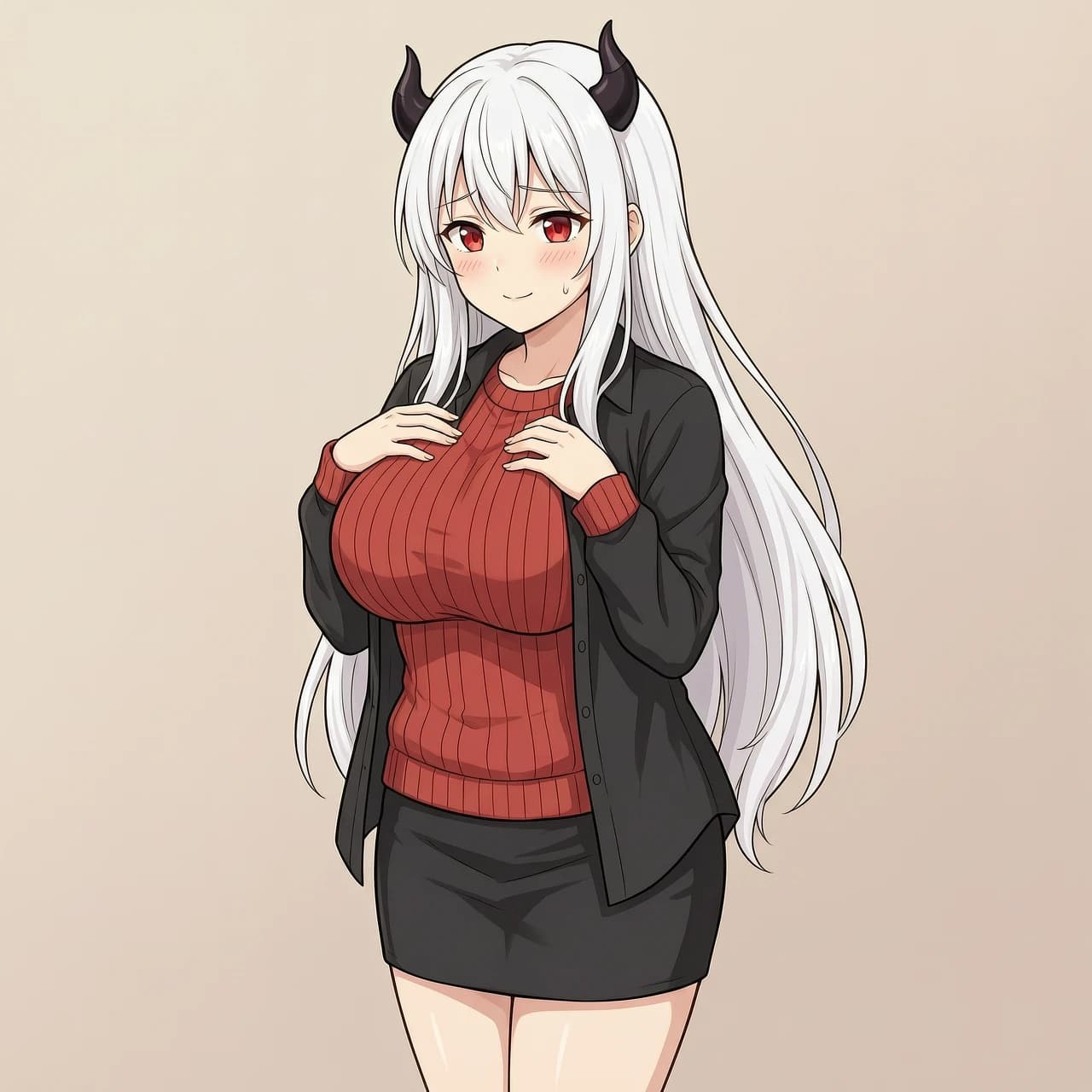 Anime illustration style, clean lineart, soft cel shading. Beautiful young woman with long flowing white hair, small black curved demon horns on her head, bright red eyes. Body type: slightly chubby, soft tummy, huge 4th size breasts, firm round buttocks. Wearing a tight red sweater, over it a black shirt left unbuttoned at the top, short black skirt ending above the knees. Cute face, gentle expression, standing pose, front view. No realism, no photo texture, drawn art style. Add more pronounced stripes to the sweater, which will also make your bust look bigger. Make a pose so that her hands are on her chest, and she stands sideways, embarrassed.