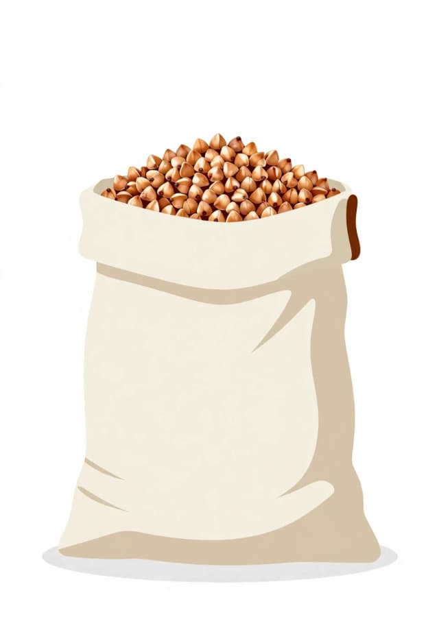 Professional vector graphics on a pristine white background. A tall, light-colored sack of buckwheat.