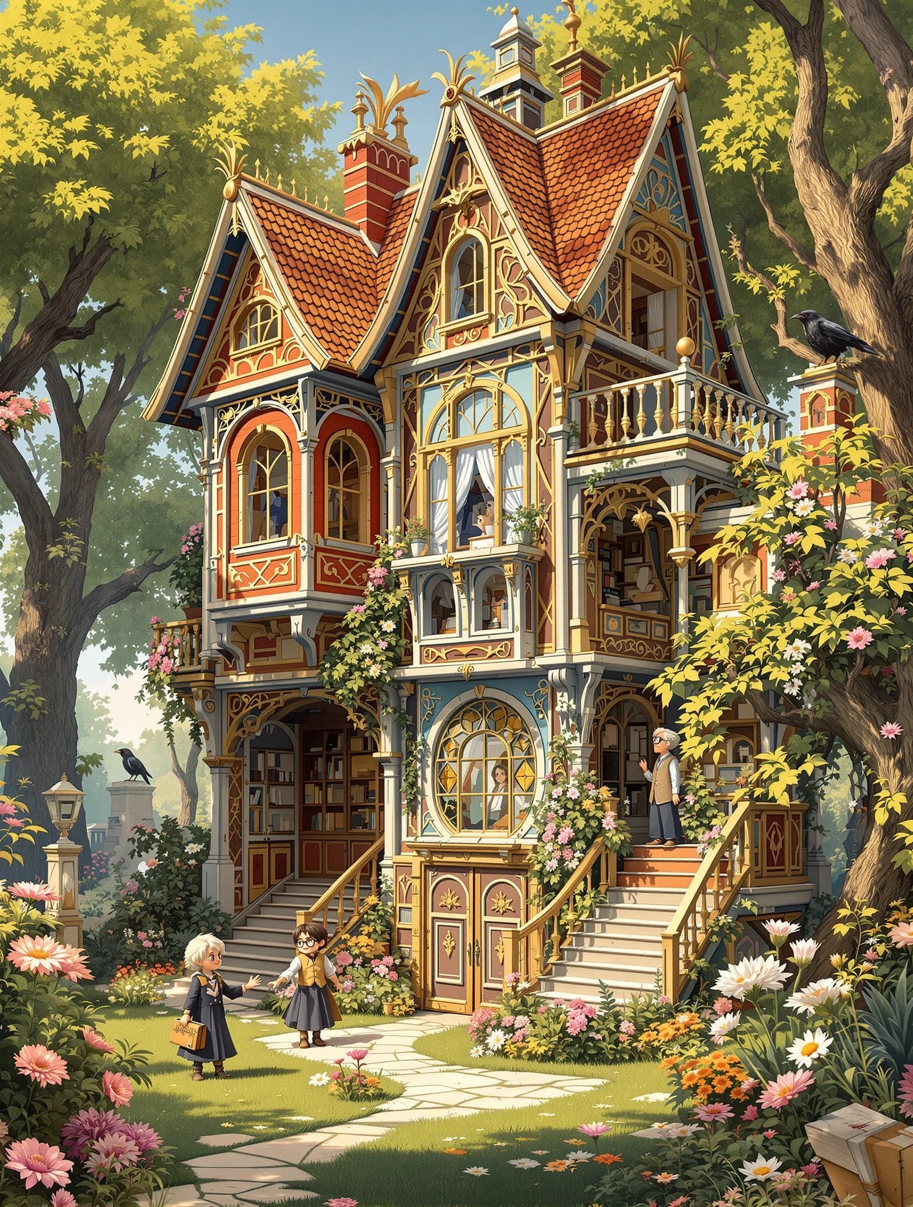You are an engineer of a fantastic country. Build an incredible house out of books: the walls are made of thick hardcover volumes with gold lettering, the bright covers are full of illustrations, and the characters of fairy tales on them seem about to jump into reality. Windows, doors, and openwork balconies are made of pages rolled into tight tubes; the roof is tiled with convex book spines that shimmer in the sun.
Around the house there is a blooming lawn with bizarre plants: the stems curl like lines of text, and the petals resemble open pages. An elderly librarian in a long dress with letter patterns walks slowly along the path; a small book goblin minces next to her — he picks up the fallen pages and carefully returns them to the walls of the house. A bespectacled young reader looks out of the slightly open window: he stretches out his hand to the hero from the cover, as if he wants to invite him inside. A talking raven in a miniature vest is perched on the balcony railing, importantly flipping through a thin book with its beak.
Light sheets of paper that look like butterflies are swirling in the air, and a small cloud in the shape of an open book is slowly floating over the house. The warm golden light of sunset falls on the multicolored covers, emphasizing the golden embossing and rich colors of the illustrations. The atmosphere is magical, but cozy, as if from a good fairy tale. The style is magical realism, high detail, rich but harmonious colors, cinematic composition, without text and inscriptions on the image.