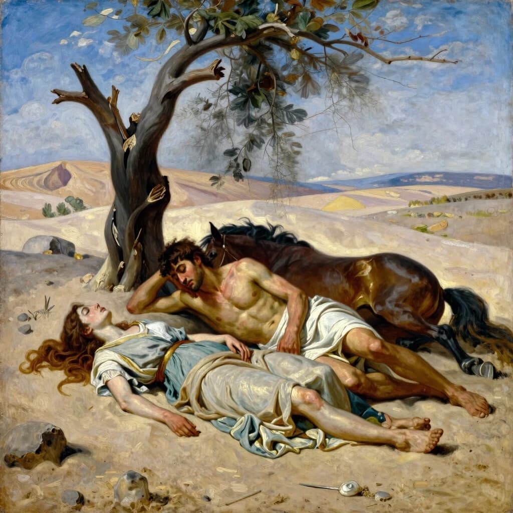 Oil painting, ancient times of Greece, a young man of 20 years old and a girl of 18 years old, lying unconscious on the sand,  next to a dried tree and a fallen horse, around the desert, style Ilya Repin