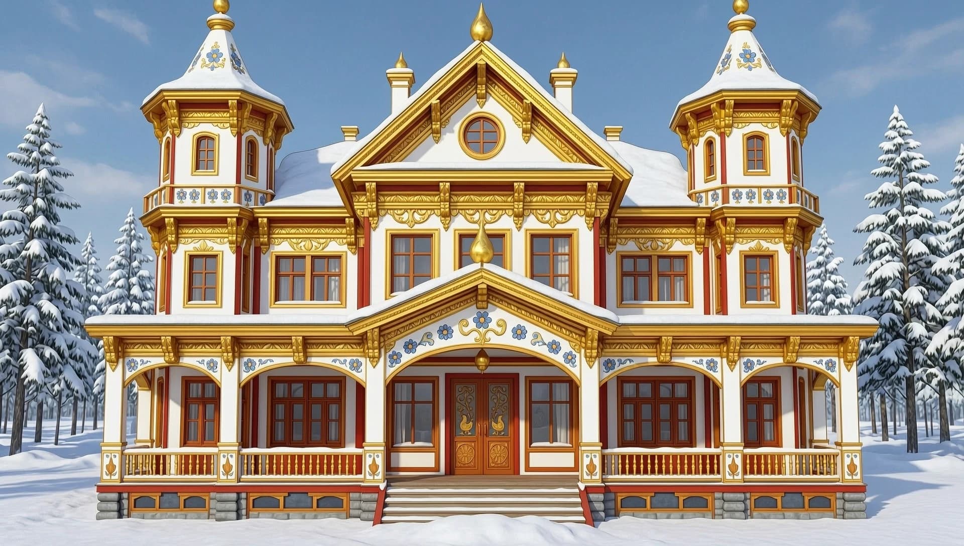 создай рисунок Терем, царская усадьба, 2 этажа, с башнями, кокошниками, аленькими цветочками и жар-птицами на фарфоровых изразцах, построенная в русском народном сказочном стиле из круглых бревен, с башенками, с широкими боковыми пристройками, и арками; цвета: много золотой росписи, белый, красный, с синими акцентами; сказочный стиль, яркие цвета, глянцевые золотые узоры, резные ставни с объемными узорами, много резьбы и узоров в народном русском стиле, на заднем плане — зимний сказочный лес со снежными сугробами; иллюстрация 3д, «Нарисуй дом строго в анфас, без поворотов, чтобы фасад был полностью виден, без бокового ракурса». «Сгенерируй изображение дома, повёрнутого прямо к камере, анфас. Не допускай наклона или скошенного вида». «Изобрази дом фронтально. Избегай ракурсов в три четверти или профиля — мне нужен именно анфас». «Сделай акцент на фасаде: дом целиком, без поворота. Подчеркни симметрию и фронтальную плоскость