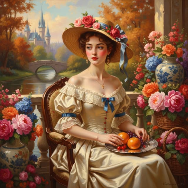 Portrait of a young woman on a sunlit 19th‑century balcony, wearing a wide‑brimmed straw hat adorned with roses and ribbon, porcelain skin with rosy cheeks and red lips, delicate gold necklace and drop earrings, a creamy silk off‑shoulder gown with lace trim and puffed sleeves, a blue satin ribbon with red bud buttons down the fitted bodice, seated on an ornate wooden chair surrounded by overflowing vases and baskets of vibrant flowers, oranges and berries, hands gently arranging fruit on a plate, a serene canal with an arched stone bridge and distant fairytale castle towers framed by autumnal trees in the soft background, warm golden‑hour light, romantic painterly oil style, rich textured brushwork, high detail on skin, fabric and flowers, cinematic depth of field, lush saturated color palette, soft ambient bokeh, elegant vintage atmosphere.