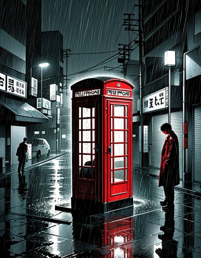 A lonely public telephone booth glows beneath heavy rain in an empty Tokyo street. An old rotary phone suddenly rings. The detective answers and hears his own voice warning him not to turn around. Noir manga 1980s, cinematic ink illustration, dramatic rain, selective red highlights, masterpiece.