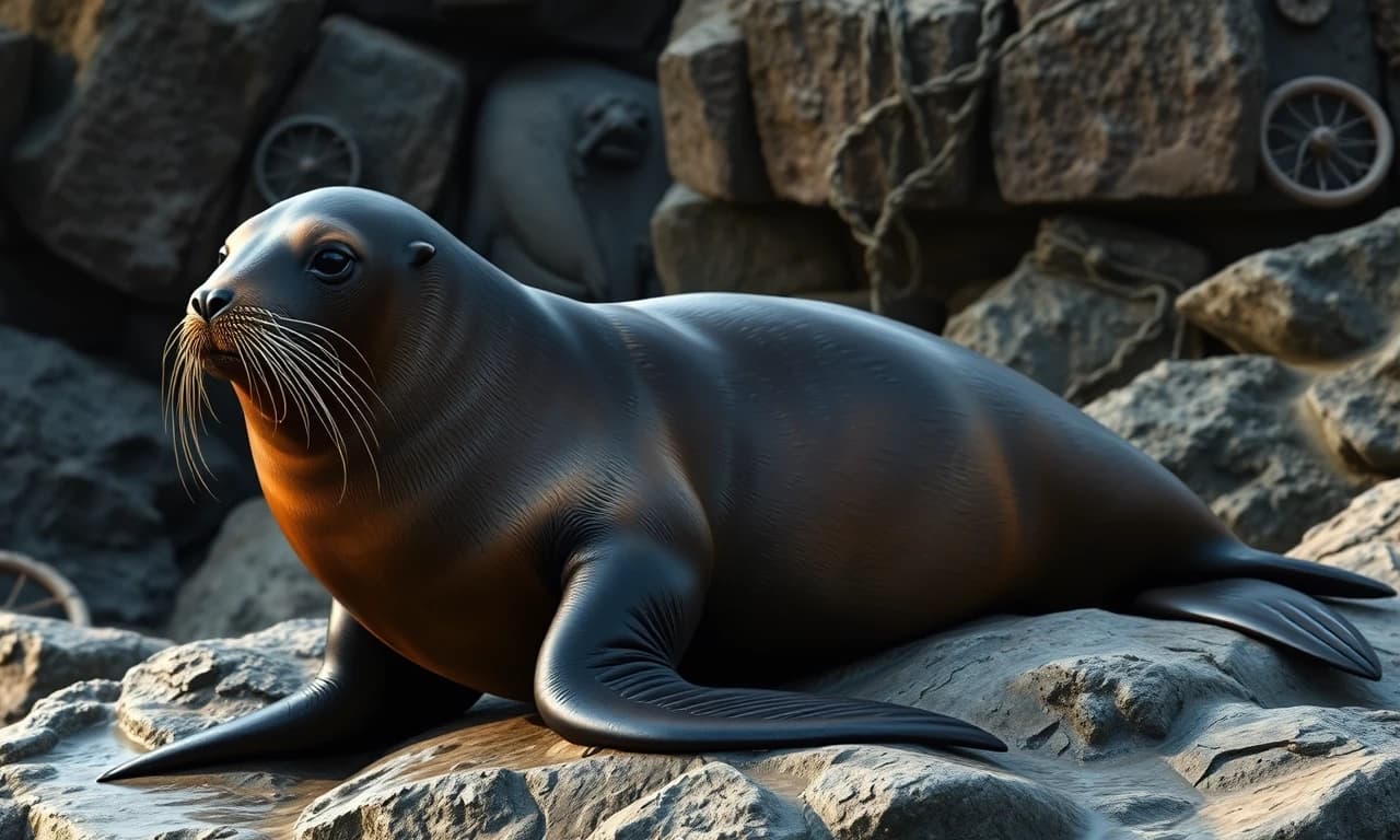 Мне нужно воссоздать японского морского льва (на латинском Zalophus japonicus). Этот японский морской лев, обитавший в Японском море, вымер к 1950-м годам из-за охоты на него и загрязнения окружающей среды.Японские морские львы были крупными животными, но, как и у многих ластоногих, самцы были значительно крупнее самок.
Самцы: Длина тела достигала примерно 2,5–3 метров, вес мог превышать 500 кг.
Самки: Были меньше, около 1,5–2 метров в длину и весом до 300 кг.
Имели типичное для ушастых тюленей обтекаемое мускулистое тело, хорошо приспособленное для плавания. Голова относительно крупная, с хорошо выраженной шеей.
Морда: Удлинённая, слегка сужающаяся к носу.
Ноздри: Расположены на конце морды, овальной формы.
Губы: Толстые, мясистые, с чувствительными вибриссами (усами).
Вибриссы (усы): Очень длинные, густые, беловатые или светло-серые.
Глаза: Крупные, тёмные, расположены по бокам головы. 
Ушные раковины: Ярко выраженные маленькие наружные ушные раковины (отличительная черта ушастых тюленей), которые они могли загибать внутрь при погружении.
Череп: Отличался от черепа калифорнийского морского льва, имел свои специфические черты, которые использовались систематиками для его идентификации (например, форма черепа, зубы).
Основной цвет: Шерсть была преимущественно темно-коричневого или серовато-коричневого цвета. 
Тюлень должен выглядеть как хищник, живущий на скалах. Изобразить особенную черту тюленя очень крупным планом, то есть его передние ласты - он мог «ходить» на передних ластах, опираясь на них, в отличие от настоящих тюленей, которые передвигаются по суше, извиваясь всем телом.