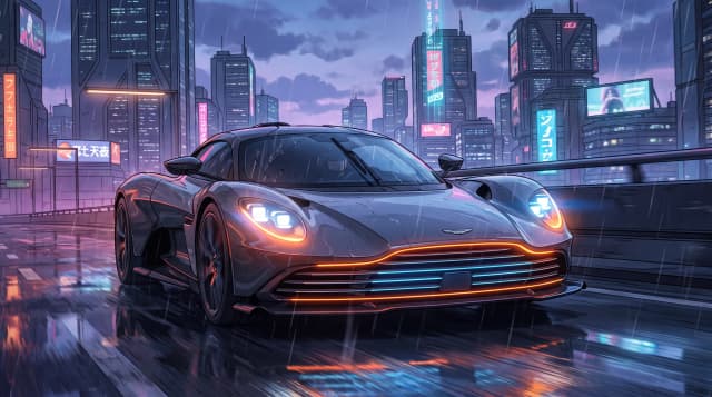 Aston Martin Valhalla, едет по дороге, эпичный ракурс, горящие фары, шедевр, крупный план, стиль аниме с реалистичными деталями, киберпанк,