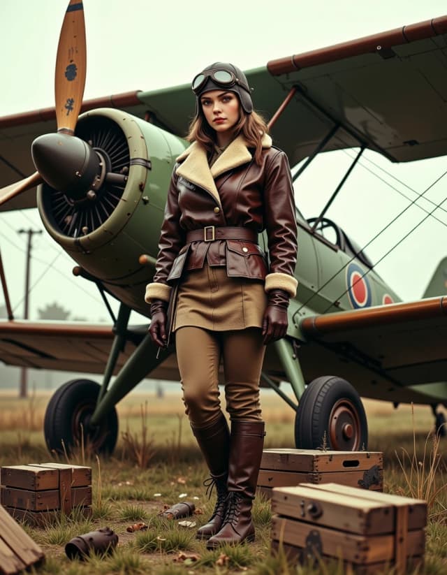 A masterpiece,  in the style of the 1980s, with bold lines, dynamic strokes and rich textures, on background with a touch of nostalgia, perhaps with subtle drawings inspired by cellulose and vintage, worn textures similar to paper, oil painting,  Cinematic  full-body portrait of a female World War I aviator standing confidently beside a vintage green fabric-covered biplane with wooden propeller and RAF-style roundels, three-quarter view, plane angled into the background; she wears a leather flight helmet with goggles, a shearling-collared double-breasted wool jacket with leather sleeves, a wide brown leather belt, wool breeches or skirt, puttees wrapped around calves, tall brown leather boots and leather gloves; overcast soft diffused daylight, muted earthy tones with subtle warm highlights, shallow depth of field (medium focal length, slight bokeh) to isolate subject while showing detailed plane textures; high-detail rendering of leather grain, wood grain on propeller, metal rivets, fabric stitching and field grass; filmic subtle grain, naturalistic shadows, heroic stoic expression, strong composition with foreground wooden chocks, crates and a small ladder, atmospheric background telephone poles and distant trees, realistic lighting and materials, 3:2 aspect ratio, high resolution, hyperreal detail. hdr
