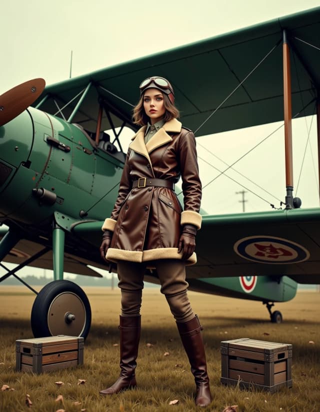 A masterpiece,  in the style of the 1980s, with bold lines, dynamic strokes and rich textures, on background with a touch of nostalgia, perhaps with subtle drawings inspired by cellulose and vintage, worn textures similar to paper, oil painting,  Cinematic  full-body portrait of a female World War I aviator standing confidently beside a vintage green fabric-covered biplane with wooden propeller and RAF-style roundels, three-quarter view, plane angled into the background; she wears a leather flight helmet with goggles, a shearling-collared double-breasted wool jacket with leather sleeves, a wide brown leather belt, wool breeches or skirt, puttees wrapped around calves, tall brown leather boots and leather gloves; overcast soft diffused daylight, muted earthy tones with subtle warm highlights, shallow depth of field (medium focal length, slight bokeh) to isolate subject while showing detailed plane textures; high-detail rendering of leather grain, wood grain on propeller, metal rivets, fabric stitching and field grass; filmic subtle grain, naturalistic shadows, heroic stoic expression, strong composition with foreground wooden chocks, crates and a small ladder, atmospheric background telephone poles and distant trees, realistic lighting and materials, 3:2 aspect ratio, high resolution, hyperreal detail. hdr