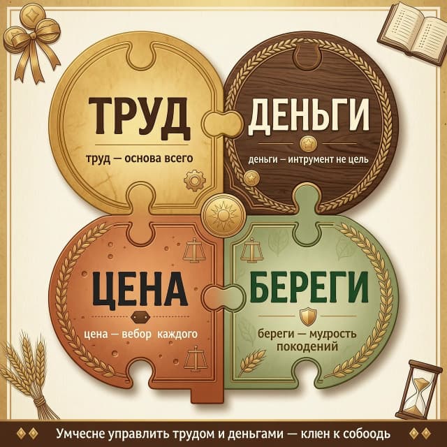 4 части пазла-ключа со словами: «ТРУД», «ДЕНЬГИ», «ЦЕНА», «БЕРЕГИ