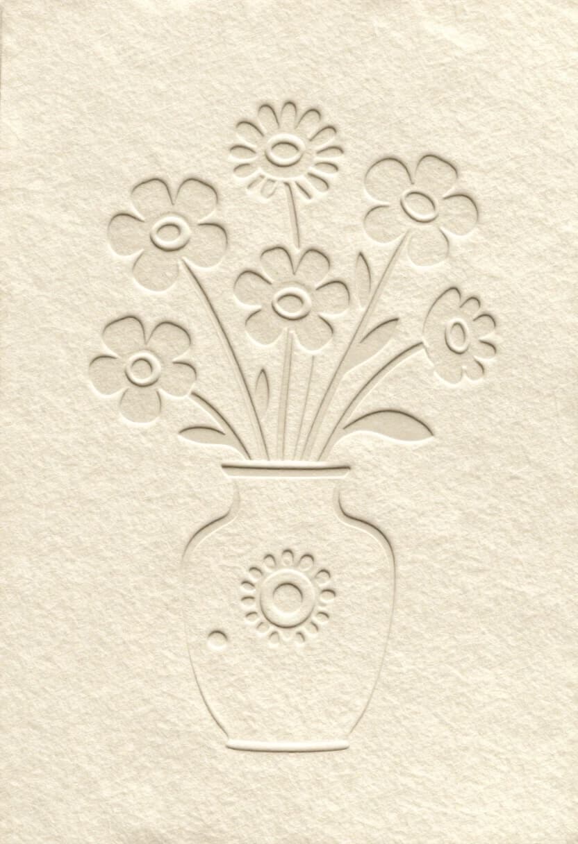 Beige linen background with a dense, well‑defined texture of watercolor paper. Like a logo or a tattoo. Beige on beige. Expressive embossing effect. Deep image, intaglio. Image in the style of Marimekko Unikko prints. A bouquet of wildflowers in a vase with an ornament. . Minimalism, primitivism, naivety. Everything is done using embossing. With elements of Art Nouveau and Art Deco.