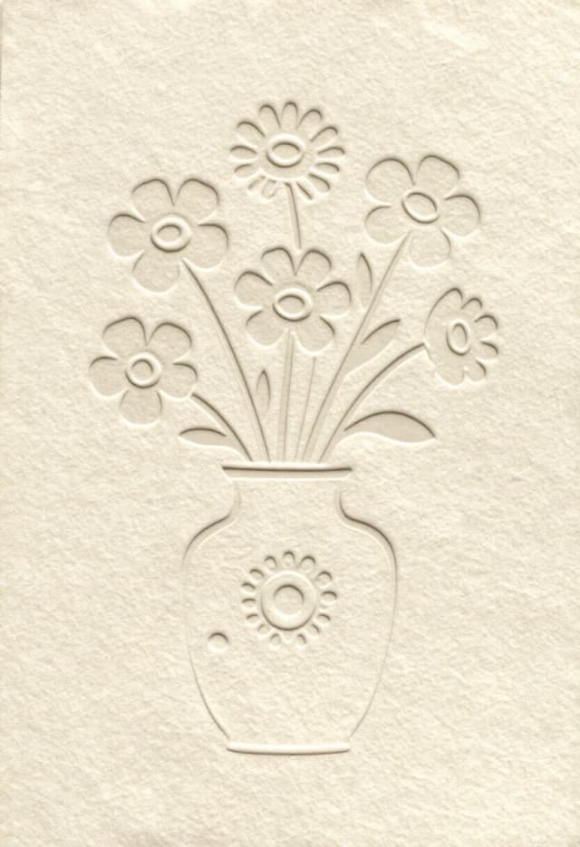 Beige linen background with a dense, well‑defined texture of watercolor paper. Like a logo or a tattoo. Beige on beige. Expressive embossing effect. Deep image, intaglio. Image in the style of Marimekko Unikko prints. A bouquet of wildflowers in a vase with an ornament. . Minimalism, primitivism, naivety. Everything is done using embossing. With elements of Art Nouveau and Art Deco.