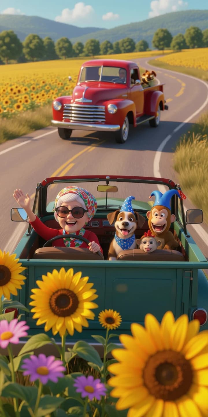 Pixar-style 3D animation, cinematic wide shot. Deep depth of field: foreground is wildflowers and sunflowers in sharp focus; middle ground is the winding country road; far background features the vintage red truck driving away and turning gently to the RIGHT. The truck is small, occupying less than 20% of the frame, positioned in the distance to emphasize scale and motion.

Inside the truck: modern cheerful elderly woman driving (sunglasses, colorful headscarf), waving. In the back: happy dog in a blue bandana, tabby cat in a jester hat, rooster, monkey, and parrot — all visible but small due to the distance, bouncing slightly.

Rolling hills, windmill, and farmhouses in the far distance. Golden hour lighting, volumetric rays cutting through the air.
