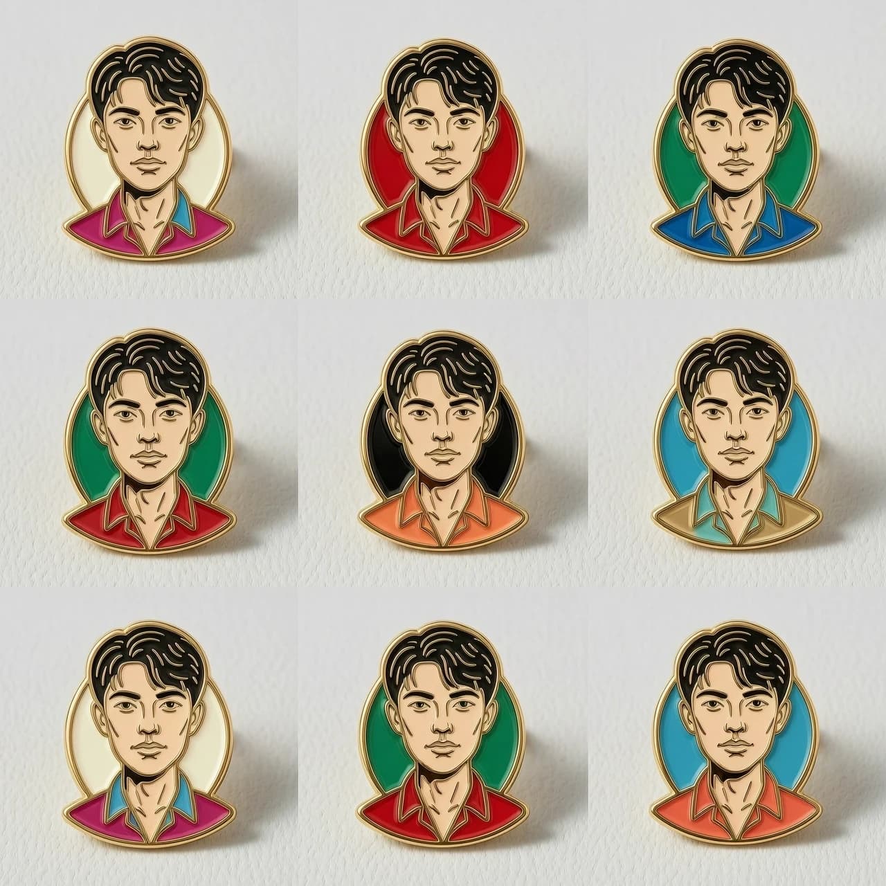 A collection of 6 hyper-realistic illustrated enamel pins arranged in a professional 4x5 grid composition, using the provided photo as a strict visual reference for character design. The style is bold, high-contrast, and graphic, featuring clean vector-like outlines and vibrant, saturated colors designed to grab attention. Each pin exhibits a premium tactile quality: polished gold-plated metal edges, smooth glossy hard enamel textures, and subtle realistic light reflections on the surface. The pins are displayed on a neutral, slightly textured minimalist background to emphasize their vividness. Lighting is bright and studio-quality, creating soft micro-shadows beneath each pin to give a sense of physical depth and 3D volume. The aesthetic is a fusion of modern pop art and high-end merchandise design, characterized by sharp details, flat color fills, and a clean, professional finish.