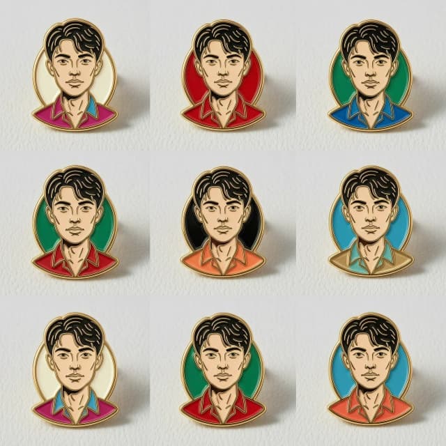 A collection of 6 hyper-realistic illustrated enamel pins arranged in a professional 4x5 grid composition, using the provided photo as a strict visual reference for character design. The style is bold, high-contrast, and graphic, featuring clean vector-like outlines and vibrant, saturated colors designed to grab attention. Each pin exhibits a premium tactile quality: polished gold-plated metal edges, smooth glossy hard enamel textures, and subtle realistic light reflections on the surface. The pins are displayed on a neutral, slightly textured minimalist background to emphasize their vividness. Lighting is bright and studio-quality, creating soft micro-shadows beneath each pin to give a sense of physical depth and 3D volume. The aesthetic is a fusion of modern pop art and high-end merchandise design, characterized by sharp details, flat color fills, and a clean, professional finish.