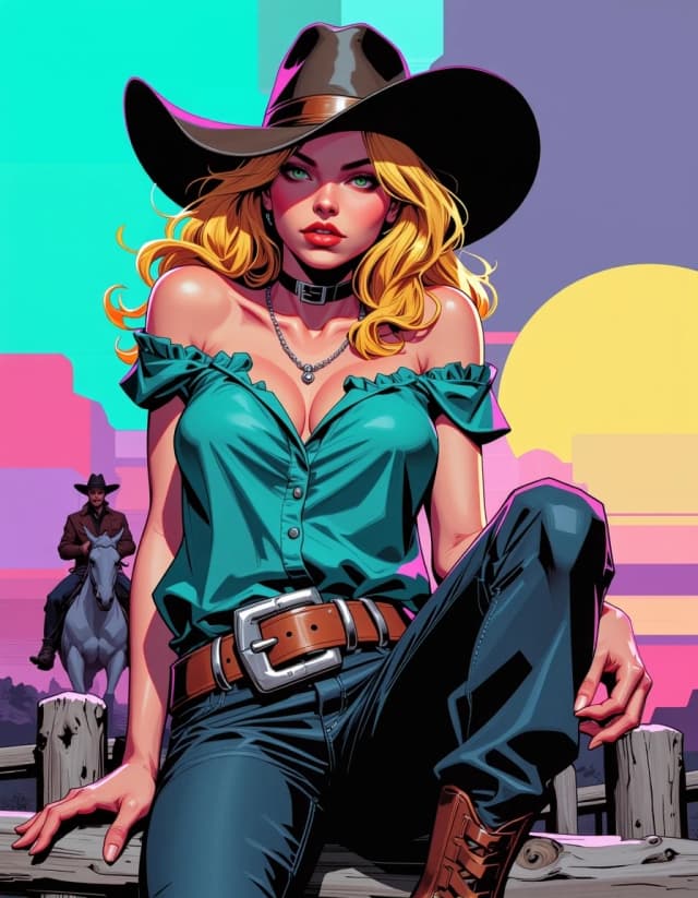 A masterpiece,  in the style of the 1980s, with bold lines, dynamic strokes and rich textures, on background with a touch of nostalgia, perhaps with subtle drawings inspired by cellulose and vintage, worn textures similar to paper, oil painting, Ultra photorealistic airbrush painting, 8k, cinematic. Sultry, rebellious cowgirl: deeply tanned, voluptuous ruby lips, fierce green-hazel eyes. Long, wild blonde hair under worn dark leather cowboy hat. Off-shoulder peasant blouse (teal, rustic crimson, plum). Heavy leather belt with large, brutal silver buckle. Crouched gracefully on rough wooden fence, gazing directly. Background: stoic cowboy on white horse, dramatic Western landscape,  turquoise-purple sky, it's getting dark. Emphasize textures: rough wood, worn leather, flowing fabric, tanned skin, gleaming buckle. Dramatic, high-contrast golden hour light. Image of the Golden Hour .  simple background celshading,