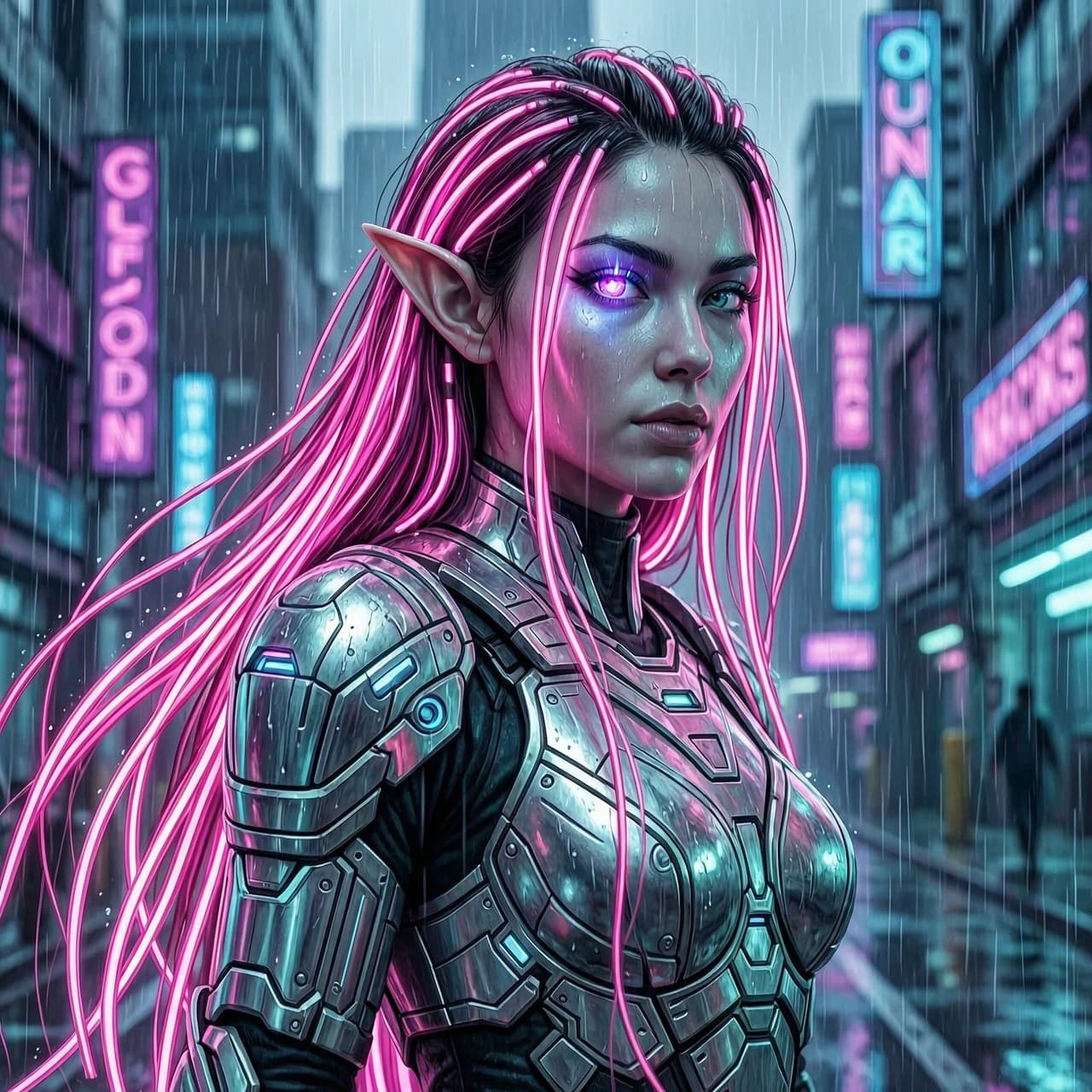 Futuristic cyberpunk elf woman, long hair with glowing neon-pink fiber-optic strands, wearing high-tech intricate metallic armor, neon city background, rain, glowing cybernetic eye, sharp focus, highly detailed.”
