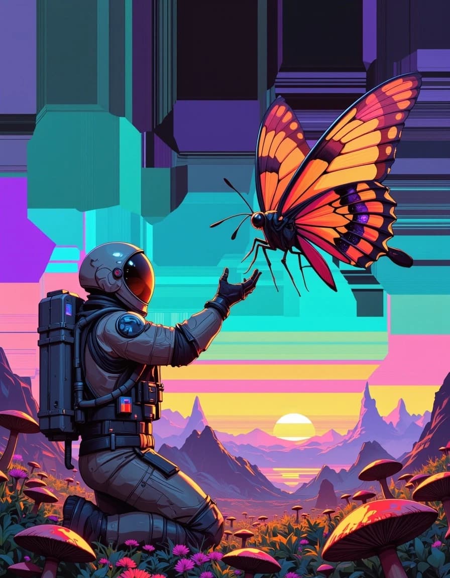 A masterpiece,  in the style of the 1980s, with bold lines, dynamic strokes and rich textures, on background with a touch of nostalgia, perhaps with subtle drawings inspired by cellulose and vintage, worn textures similar to paper, oil painting,  A kneeling astronaut in a weathered, highly detailed spacesuit reaches gently toward a giant iridescent butterfly-moth, its wings patterned with ornate psychedelic mandalas and jewel-like colors, hovering above a surreal alien meadow of oversized spotted mushrooms, bioluminescent flowers and dense, low-growing flora; jagged spire-like mountains recede into a cosmic horizon, a vivid multicolored nebula and a distant blue Earth float in the starry sky. Cinematic low-angle composition with the astronaut in the foreground left and the butterfly mid-air to the right, warm golden rim light mixed with neon purples and teal glows, reflective visor mirroring the butterfly, volumetric light rays, ultra-detailed hyperreal painterly style, intricate fabric stitching, scuffed metal and hoses, macro surface texture, saturated dreamlike color palette, soft atmospheric depth, sharp focus on astronaut and butterfly, cinematic wide aspect, moody sense of wonder and peaceful curiosity. celshading, simple background