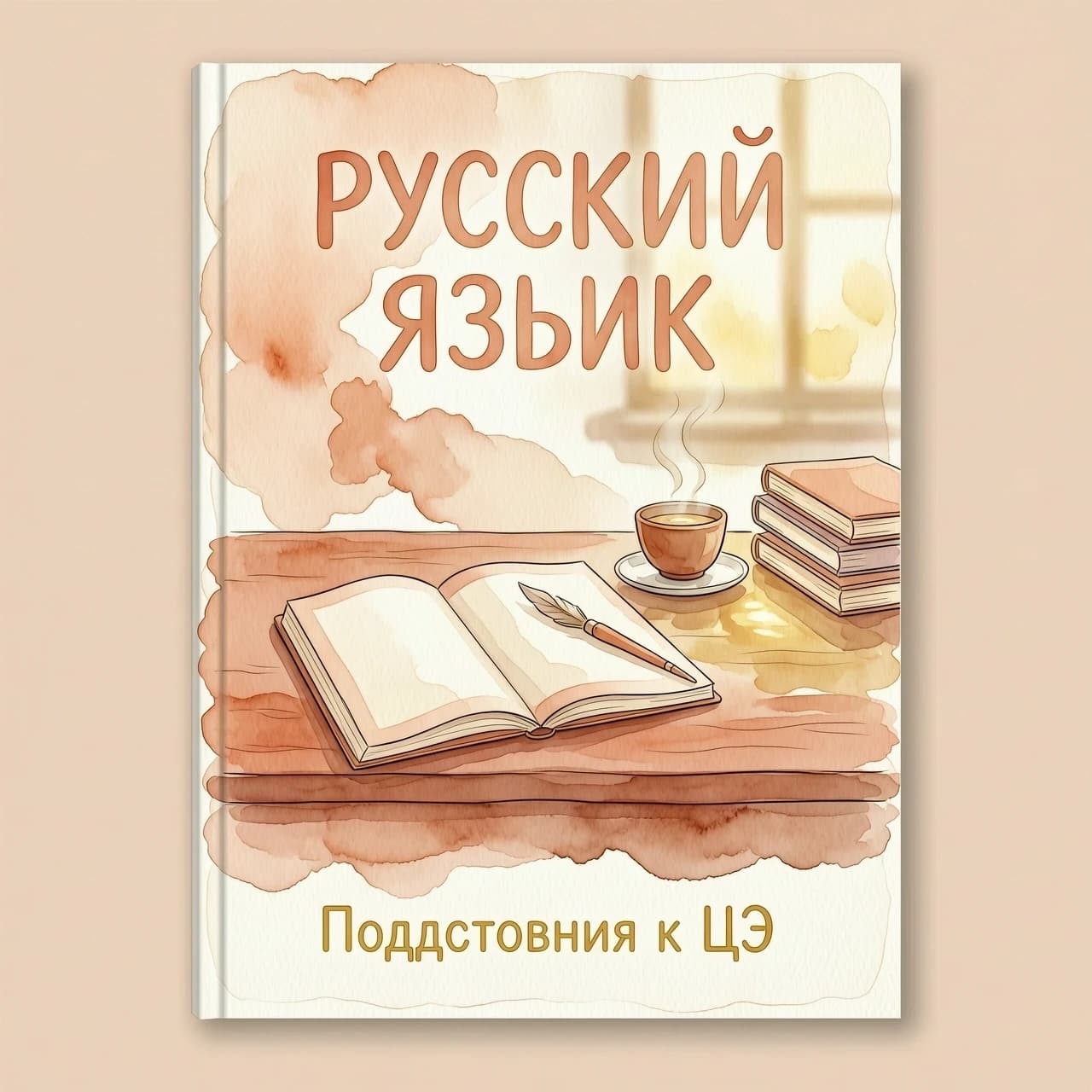 Концепция обложки для тетради по русскому языку (подготовка к ЦЭ)
Обложка выполнена в мягкой акварельной технике с эффектом мокрой бумаги и размытыми, плавными краями, создающими атмосферу спокойствия и утренней сосредоточенности. Цветовая палитра ограничена тёплыми пастельными тонами: приглушенный персиковый, кремовый, матовый терракотовый и светло-золотистый, без ярких акцентов.

Композиция по слоям:
Фон: Кремовая акварельная основа с размытыми персиковыми и терракотовыми пятнами, имитирующими мокрые разводы на бумаге. В правом заднем плане — почти неразличимое окно с мягким золотистым утренним светом, размытое до состояния полупрозрачного блика (без четких рамок).
Центральная сцена: Уютная деревянная парта из приглушенного терракотового дерева с плавными акварельными штрихами. На ней:
Раскрытая тетрадь с кремовыми страницами и тонкими персиковыми полями по краям; на листе лежит тонкое перо или мягкая кисть в персиковом футляре, слегка смещенное к правому углу тетради.
Рядом с тетрадью — маленькая керамическая чашка коричневато-терракотового цвета с паром, стекающим в золотистый блик, и тонким белым блюдцем под ней.
Справа от чашки — стопка тонких книг с персиковыми и кремовыми обложками, размытые по краям, чтобы не отвлекать внимание от основной композиции.
Надписи:
В верхней части обложки крупная акварельная надпись «РУССКИЙ ЯЗЫК» в персиковом тоне с мягкими, размытыми краями букв (без четких контуров).
Ниже, под центральной сценой, мелкая акварельная надпись «Подготовка к ЦЭ» в светло-золотистом тоне, выполненная в более аккуратном, но не жестком шрифте.
Дополнительные детали:
По краям обложки добавлены тонкие, почти неразличимые акварельные штрихи, имитирующие края мокрой бумаги, чтобы усилить естественность эффекта. Вся сцена пропитана атмосферой тихой утренней подготовки к уроку, без лишних деталей, которые могли бы отвлечь от сосредоточенности на подготовке к ЦЭ.