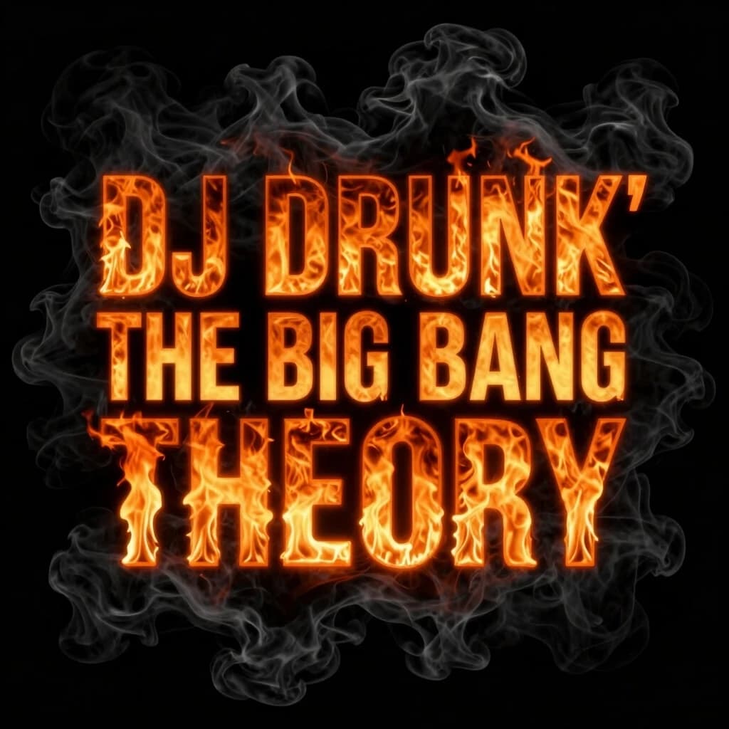Trendy 2026 EDM album cover. Background of pure solid black void with thick, heavy, pitch-black rolling smoke and dark ash textures. Zero light except from the text. Hyper-bold wide contemporary font on three lines: line 1 "DJ DRUNK'", line 2 "THE BIG BANG", line 3 "THEORY". Font mask design with a violent burning inferno and vivid orange fire trapped strictly inside the letters. The fiery text casts a sharp orange backlight on the surrounding heavy black smoke clouds, revealing their shapes. Dark cinematic atmosphere, 8k resolution --ar 1:1 --v 6.0 --style raw