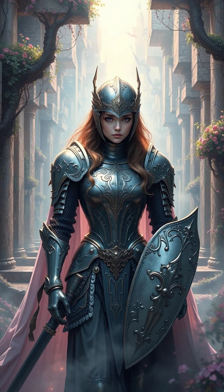 A fantasy digital illustration of a beautiful knight in ornate armor, set in a dreamy ethereal labyrinth.