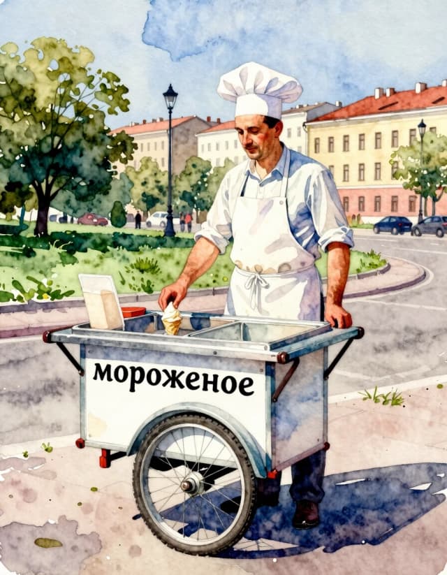 A masterpiece. Create an image. The style is watercolor painting. (( Image. The street ice cream vendor is a man about 40 years old in a white chef's hat and a white apron with a (retro-cart:1,6), an inscription ("мороженое") on the cart against the backdrop of the urban landscape in the park:1.6)), clear edges, clear textures, volumetric composition, studio lighting, author's style, 8k resolution. High detail and clear texture. Close-up. High quality. Increased attention to small details. The aspect ratio is 3:4. The artist is Aivazovsky.