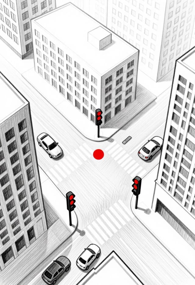 High‑angle pencil illustration, clean lines, strong perspective, bold contour strokes. An aerial view of a city block with a central intersection. Buildings, streets, cars, and sidewalks are all in greyscale, with careful attention to architectural details and repeating patterns (windows, tiles, road markings). The traffic lights at the crossroads are the only red elements: three or four of them, each a vivid, saturated red circle that breaks the monotony of the grey grid. The red feels like акценты ритма — как светофоры задают темп городу. The drawing style is slightly graphic, с чёткими контурами и выраженной штриховкой для теней. Mood: structured, urban, ритмичный, с намёком на движение даже в статичном кадре.
Keywords: high‑angle pencil drawing, selective red, multiple red traffic lights, urban grid, strong perspective, clean contours, rhythmic composition, architectural detail.