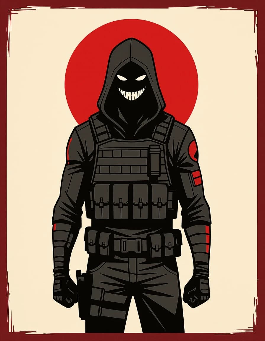 Comic book style, graphic illustration, limited color palette of 3 colors: blood-burgundy, pure black, dark grey. A single ominous silhouette of a tall, broad-shouldered man against a solid burgundy background. He wears a hood and tactical vest. No facial features, only angular slits for eyes and a wide, mocking grin outline, both in the same burgundy as the background. Stylized, flat colors, bold outlines, high contrast. No realism, no textures, no detailed rendering