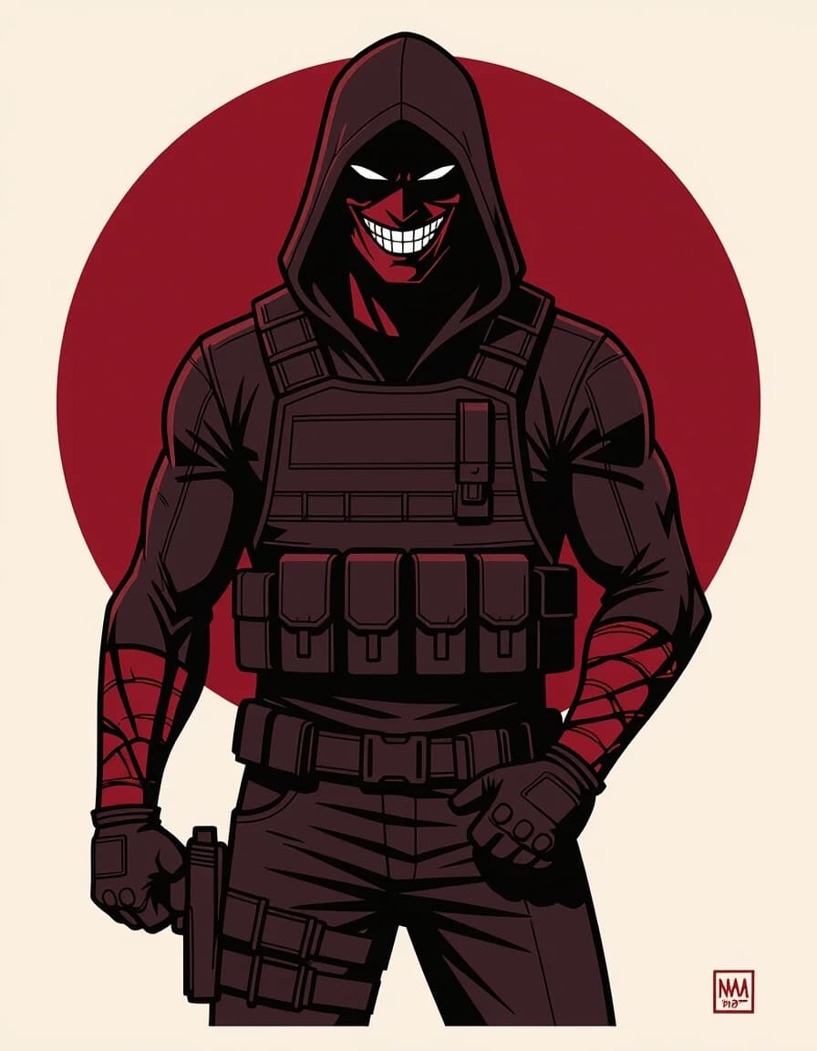 Comic book style, graphic illustration, limited color palette of 3 colors: blood-burgundy, pure black, dark grey. A single ominous silhouette of a tall, broad-shouldered man against a solid burgundy background. He wears a hood and tactical vest. No facial features, only angular slits for eyes and a wide, mocking grin outline, both in the same burgundy as the background. Stylized, flat colors, bold outlines, high contrast. No realism, no textures, no detailed rendering