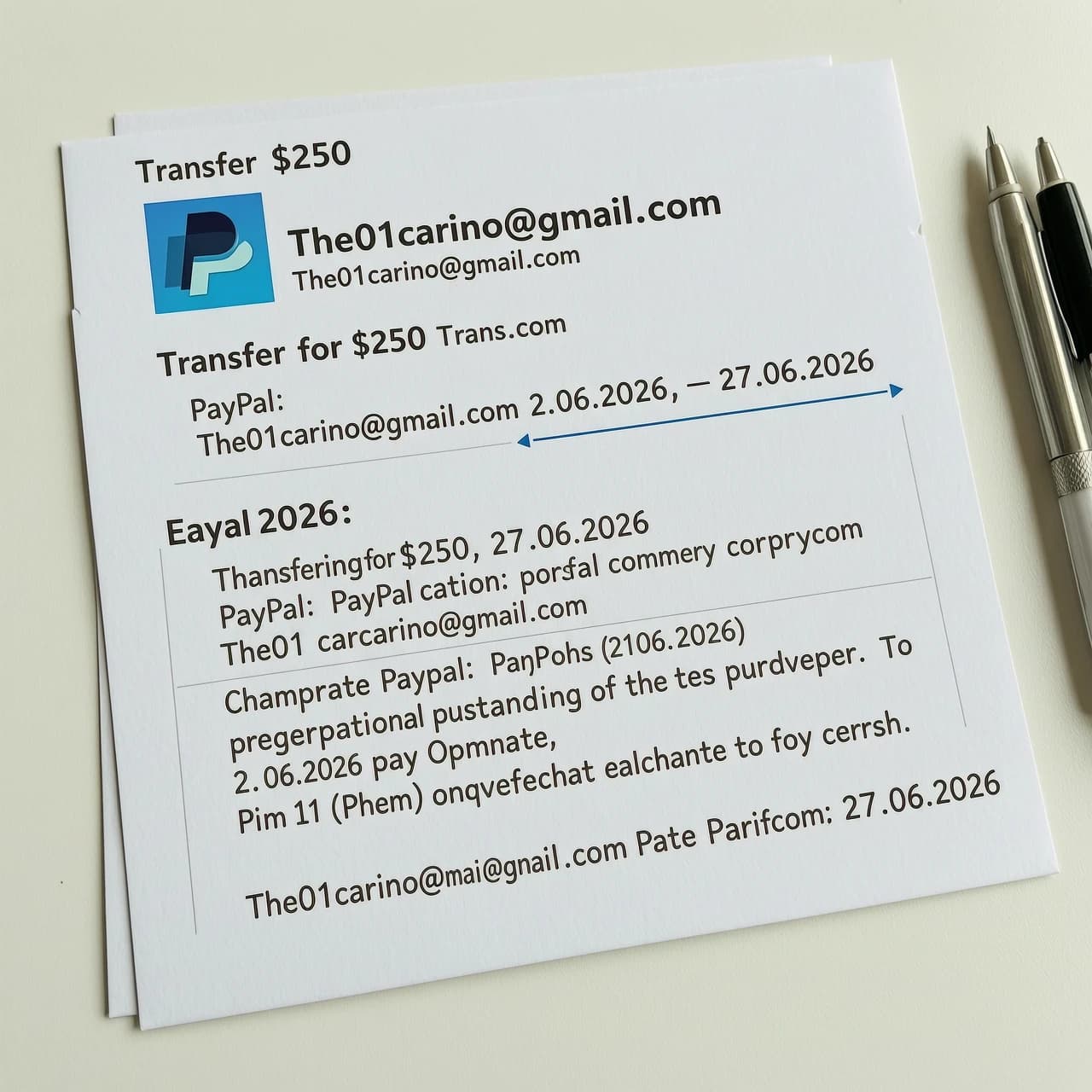 Generate a transfer for $250 to PayPal to The01carino@gmail.com on 27.06.2026