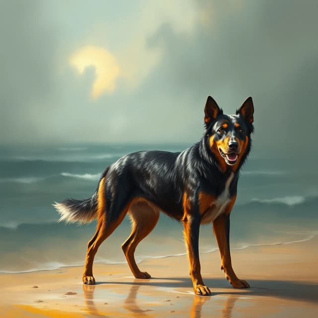 (designed by Ferenc Pinter:0.7) , 8k 3D Rendering, dense beach, Full length frame of a Wet Furious deep green (Australian Cattle Dog:1.3) , elaborate, in focus, American landscape painting, careless brushstrokes, asymmetrical, extremely rich detail, glowing, beautiful detailed supreme quality color intricate, dynamic dramatic composition, enhanced quality