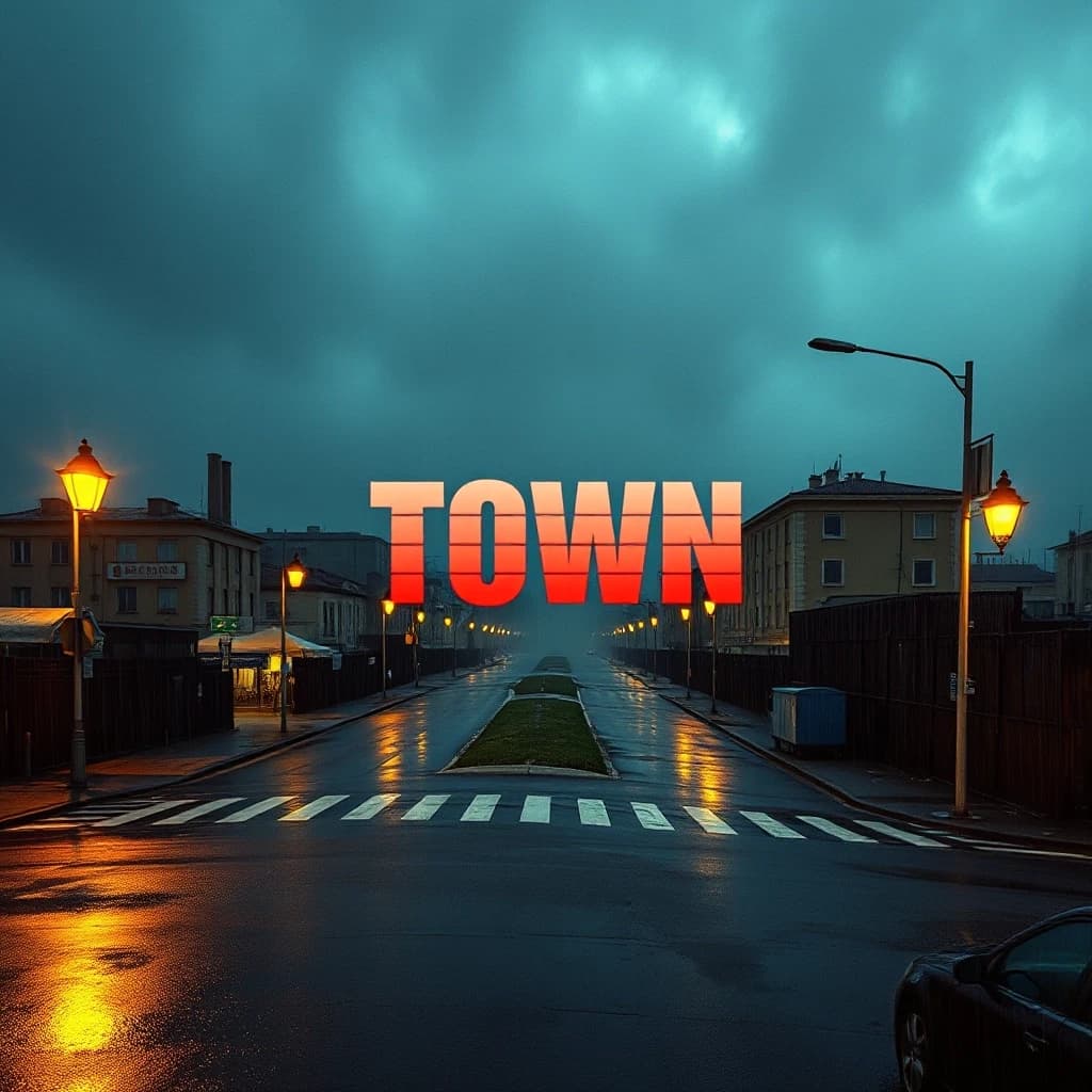 Album cover for a phonk track titled "Town", 1024x1024 pixels. Cinematic view of a menacing Eastern European or American industrial city skyline at 3 AM under heavy rain. A single old-fashioned streetlamp casts harsh pools of warm yellow light on the empty intersection. Thick mist rises from the sewers. In the center of the composition, integrated into the environment like a hologram or spray-painted ghost on a brick wall, is the title "TOWN" in distorted retro cyberpunk font. Gritty lo-fi texture, heavy film grain, VHS scanlines, chromatic aberration, high contrast cinematic lighting, cold shadows — ar 1:1 — style raw