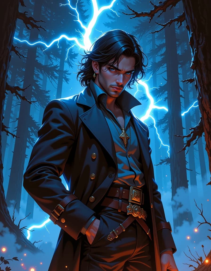 A masterpiece,  in the style of the 1980s, with bold lines, dynamic strokes and rich textures, on background with a touch of nostalgia, perhaps with subtle drawings inspired by cellulose and vintage, worn textures similar to paper, oil painting, Brooding, hyper-detailed fantasy portrait of a charismatic dark-haired man standing in a misty forest at night, three-quarter body view, windswept long black hair, intense piercing blue eyes, light stubble, chiseled jawline, single ear stud and ornate pendant necklace visible on an open shirt. He wears a tailored deep navy coat with gold buttons, layered brown leather belts and a decorative clasp, one hand casually in pocket. Electric blue lightning arcs crackle around his shoulder, rim-lighting his silhouette, warm ember sparks at his feet, volumetric fog and tall silhouetted trees in the background. Cinematic dramatic lighting, high contrast, cool blue color palette with subtle warm highlights, ultra-realistic skin texture and fabric detail, dynamic movement in hair and coat, shallow depth of field, epic fantasy mood, highly detailed, photorealistic digital painting, 8k, ornate textures, cinematic composition.