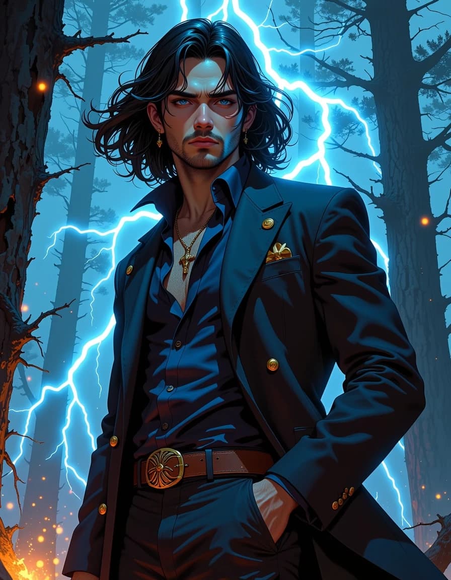 A masterpiece,  in the style of the 1980s, with bold lines, dynamic strokes and rich textures, on background with a touch of nostalgia, perhaps with subtle drawings inspired by cellulose and vintage, worn textures similar to paper, oil painting, Brooding, hyper-detailed fantasy portrait of a charismatic dark-haired man standing in a misty forest at night, three-quarter body view, windswept long black hair, intense piercing blue eyes, light stubble, chiseled jawline, single ear stud and ornate pendant necklace visible on an open shirt. He wears a tailored deep navy coat with gold buttons, layered brown leather belts and a decorative clasp, one hand casually in pocket. Electric blue lightning arcs crackle around his shoulder, rim-lighting his silhouette, warm ember sparks at his feet, volumetric fog and tall silhouetted trees in the background. Cinematic dramatic lighting, high contrast, cool blue color palette with subtle warm highlights, ultra-realistic skin texture and fabric detail, dynamic movement in hair and coat, shallow depth of field, epic fantasy mood, highly detailed, photorealistic digital painting, 8k, ornate textures, cinematic composition.