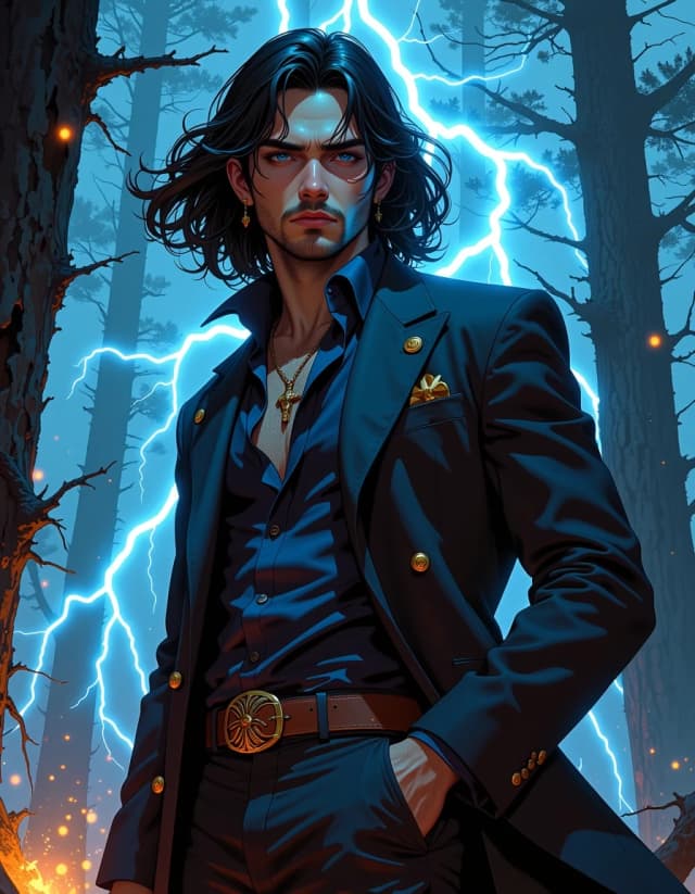 A masterpiece,  in the style of the 1980s, with bold lines, dynamic strokes and rich textures, on background with a touch of nostalgia, perhaps with subtle drawings inspired by cellulose and vintage, worn textures similar to paper, oil painting, Brooding, hyper-detailed fantasy portrait of a charismatic dark-haired man standing in a misty forest at night, three-quarter body view, windswept long black hair, intense piercing blue eyes, light stubble, chiseled jawline, single ear stud and ornate pendant necklace visible on an open shirt. He wears a tailored deep navy coat with gold buttons, layered brown leather belts and a decorative clasp, one hand casually in pocket. Electric blue lightning arcs crackle around his shoulder, rim-lighting his silhouette, warm ember sparks at his feet, volumetric fog and tall silhouetted trees in the background. Cinematic dramatic lighting, high contrast, cool blue color palette with subtle warm highlights, ultra-realistic skin texture and fabric detail, dynamic movement in hair and coat, shallow depth of field, epic fantasy mood, highly detailed, photorealistic digital painting, 8k, ornate textures, cinematic composition.