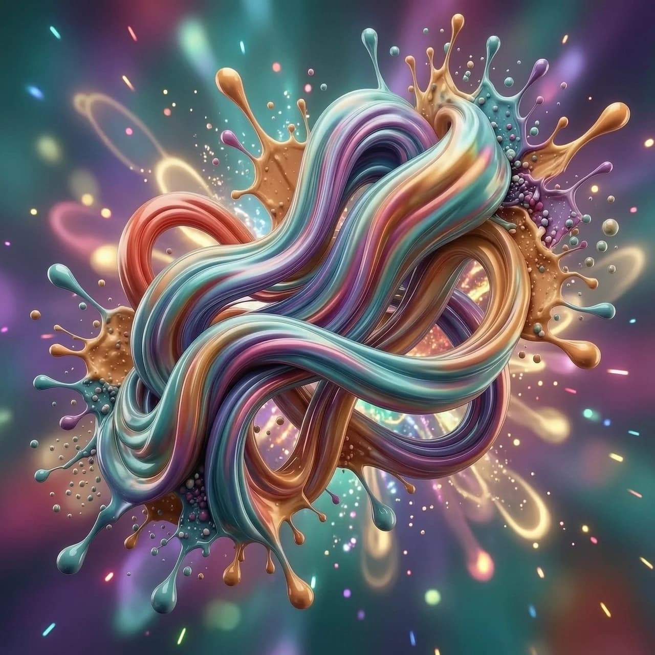 Abstract 3D background for a rhythm game application, dynamic fluid motion, intricate intertwining of vibrant neon silk ribbons and liquid chromatic waves, flowing iridescent textures, swirling multi-colored energy streams, volumetric lighting, depth of field, macro photography style, high-gloss finish, glowing particles and light trails, rhythmic composition, psychedelic color palette with deep blues, hot pinks, and electric violets, cinematic lighting, Octane Render, 8k resolution, hyper-detailed, energetic and uplifting mood, flowing organic shapes, flowing motion blur.

Ну не море же!

Разноцветный!!!

Динамичная абстрактная композиция, представляющая собой переплетенные, текучие ленты густой глянцевой краски, закрученные в сложный узел. Основной объект состоит из объемных, гладких жгутов различных цветов — бирюзового, пурпурного, золотистого и кораллового, которые создают ощущение бесконечного движения и трехмерности. Из центральной фигуры во все стороны разлетаются экспрессивные брызги, капли и кляксы краски, создавая эффект взрыва или застывшего в полете всплеска жидкости. Фон абсолютно чистый, белый и минималистичный, что позволяет полностью сфокусироваться на деталях объекта. Освещение мягкое, студийное, с выраженными бликами на глянцевых поверхностях, подчеркивающими текстуру вязкой субстанции и её обтекаемую форму. Палитра насыщенная и многогранная, сочетающая глубокие сине-зеленые оттенки с теплыми золотыми и розовыми тонами. Художественный стиль напоминает современную 3D-графику высокого разрешения с гиперреалистичной проработкой материалов. Атмосфера произведения наполнена энергией, творческим хаосом и эстетикой чистого визуального наслаждения.

Мне нужен размытый фон, полностью заполненный холст с размытыми и четкими чертами.

Размой передний план еще больше и сделай его на весь холст, добавь разноцветную 3D спираль в центре размером 300 на 300

Не должно быть пустот по краям белого цвета! Спираль без дырки в центре, там я сам добавлю кнопку! Соотношение сторон холста
 ширина 6, высота 13

Соотношение сторон 6 на 13.  Передний план (переплетение) сделай больше в 2 раза!

Из переплетения сделай спираль в таком же стиле по центру. Задний фон сильно размыт! И убери на фоне белые цвета. Фону добавь больше красок. 

Где спираль?
