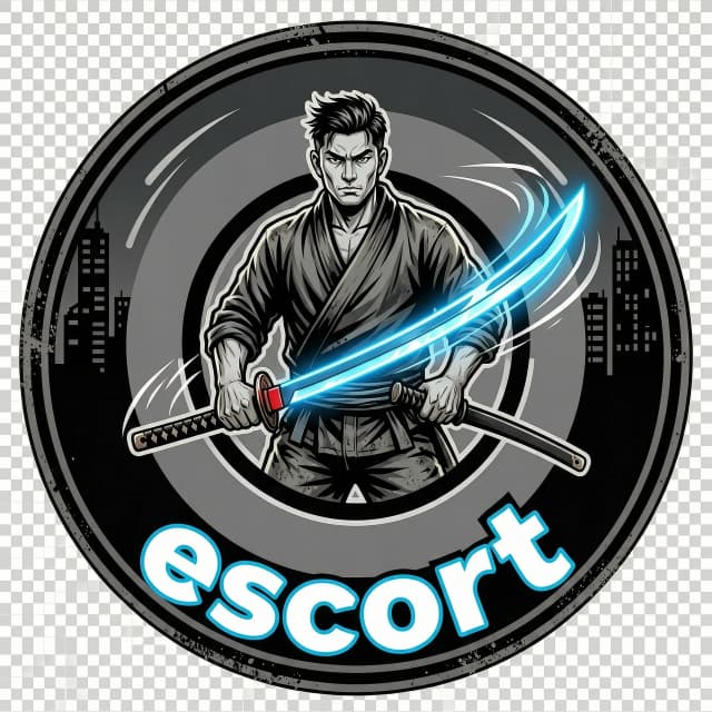 Основной промпт (1 текст):
«Логотип для игрового сообщества escort (надпись: “escort”, без других слов). Форма: круглая эмблема (круглая композиция, centered). Полуреалистичный самурай в улично-графическом стиле street-art: чёткие контуры, stencil/tрафаретные тени. Самурай держит один клинок (катана), катана наполовину вынута из ножен; лезвие с ярким холодным голубым неоновым свечением. Поза уверенная, “готовность к бою”, акцент на контроле территории и скорости через динамичные графические линии движения вокруг силуэта. Символика контроля территории: внутри круга минималистичный знак-ареал (полукольцо/мишень/кольцевая зона контроля) вокруг персонажа, без букв и без эмблем сторонних сторон. Городской urban streetwear, лёгкий гранж: текстурный шум/царапины по краям, но без размытия. На фоне внутри композиции — только графический намёк на ночной городской ритм (без явных узнаваемых надписей), приоритет — читаемость эмблемы. Палитра: чёрный, серый, неоновый голубой, и одна капля красного (акцент у лезвия или около рукояти). Требования к стилю: высококонтрастный графический логотип, хорошо читается в малом размере. Надпись “escort” встроить в нижнюю дугу внутри круга (как часть эмблемы), читабельный street/graffiti-конструктив, можно с лёгким контуром или обводкой неоновым голубым, только “escort”, никаких других слов. Фон отсутствует: прозрачный background.»

Negative prompt (весь полностью):
«без текста типа community, majestic и без любых других надписей, кроме “escort”; без других слов вообще; без фона (фон отсутствует/прозрачный только); без ночного города и силуэтов небоскрёбов; без отдельного заднего изображения; без брендов/логотипов; без размытия и без “мыльности”; без лишних цветов (только чёрный/серый/неоновый голубой/одна капля красного); без эффекта видео/анимации; без лишних предметов (никаких вторых клинков, только один клинок); без аляпистых рамок, не относящихся к эмблеме; без водяных знаков; без сложных полутонов “как фото”; без низкой читаемости в маленьком размере.»