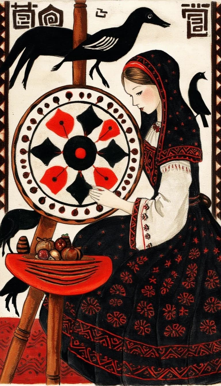 Watercolor painting is a true masterpiece of graphic style. ((Style: Mezen painting is one of the most ancient and original Russian folk crafts, originated at the end of the 19th century in the north of the Arkhangelsk region, in the Mezen district, near the White Sea. It is also called Palaschelskaya, after the village of Palaschelye, which was the center of this art. Black and red are the main colors: red (from baked clay) and black (from soot with larch resin). Sometimes white, blue or green appear in modern works.
Stylized images of animals: horses, deer, moose, ducks — all these are not just decorations, but symbols with deep meaning. For example, a duck is the sun going into the underwater kingdom, and a horse is the rising sun and prosperity.
Pagan symbols: the tree of life, spirals (symbol of the annual cycle), zigzags (water), a dot in a square — grain, fertility.
Geometric patterns are strict, repetitive, giving rhythm and dynamics to the drawing.
Three-tiered composition: There are animals (deer, horses) below, birds and animals in the middle, and only birds on top.
Objects: most often these are spinning wheels, boxes, chests, barrels, and today — souvenirs, dishes, murals.
An image of a spinning wheel with a Mezen painting and next to it a young, beautiful girl in a Russian costume sits spinning at this spinning wheel. The oldest known example is an 1815 spinning wheel with a black and red pattern. Surprisingly, the tradition dates back to the Finno-Ugric tribes, even before Christianity.)). Intense close-up. High resolution. High quality. Increased attention to small details. Hyper-realistic surrealist style, impressionism. Increased attention to the smallest details and texture. The author is Auguste Renoir.