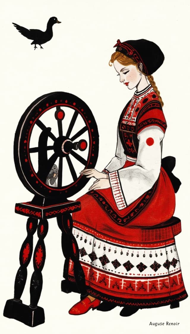 Watercolor painting is a true masterpiece of graphic style. ((Style: Mezen painting is one of the most ancient and original Russian folk crafts, originated at the end of the 19th century in the north of the Arkhangelsk region, in the Mezen district, near the White Sea. It is also called Palaschelskaya, after the village of Palaschelye, which was the center of this art. Black and red are the main colors: red (from baked clay) and black (from soot with larch resin). Sometimes white, blue or green appear in modern works.
Stylized images of animals: horses, deer, moose, ducks — all these are not just decorations, but symbols with deep meaning. For example, a duck is the sun going into the underwater kingdom, and a horse is the rising sun and prosperity.
Pagan symbols: the tree of life, spirals (symbol of the annual cycle), zigzags (water), a dot in a square — grain, fertility.
Geometric patterns are strict, repetitive, giving rhythm and dynamics to the drawing.
Three-tiered composition: There are animals (deer, horses) below, birds and animals in the middle, and only birds on top.
Objects: most often these are spinning wheels, boxes, chests, barrels, and today — souvenirs, dishes, murals.
An image of a spinning wheel with a Mezen painting and next to it a young, beautiful girl in a Russian costume sits spinning at this spinning wheel. The oldest known example is an 1815 spinning wheel with a black and red pattern. Surprisingly, the tradition dates back to the Finno-Ugric tribes, even before Christianity.)). Intense close-up. High resolution. High quality. Increased attention to small details. Hyper-realistic surrealist style, impressionism. Increased attention to the smallest details and texture. The author is Auguste Renoir.